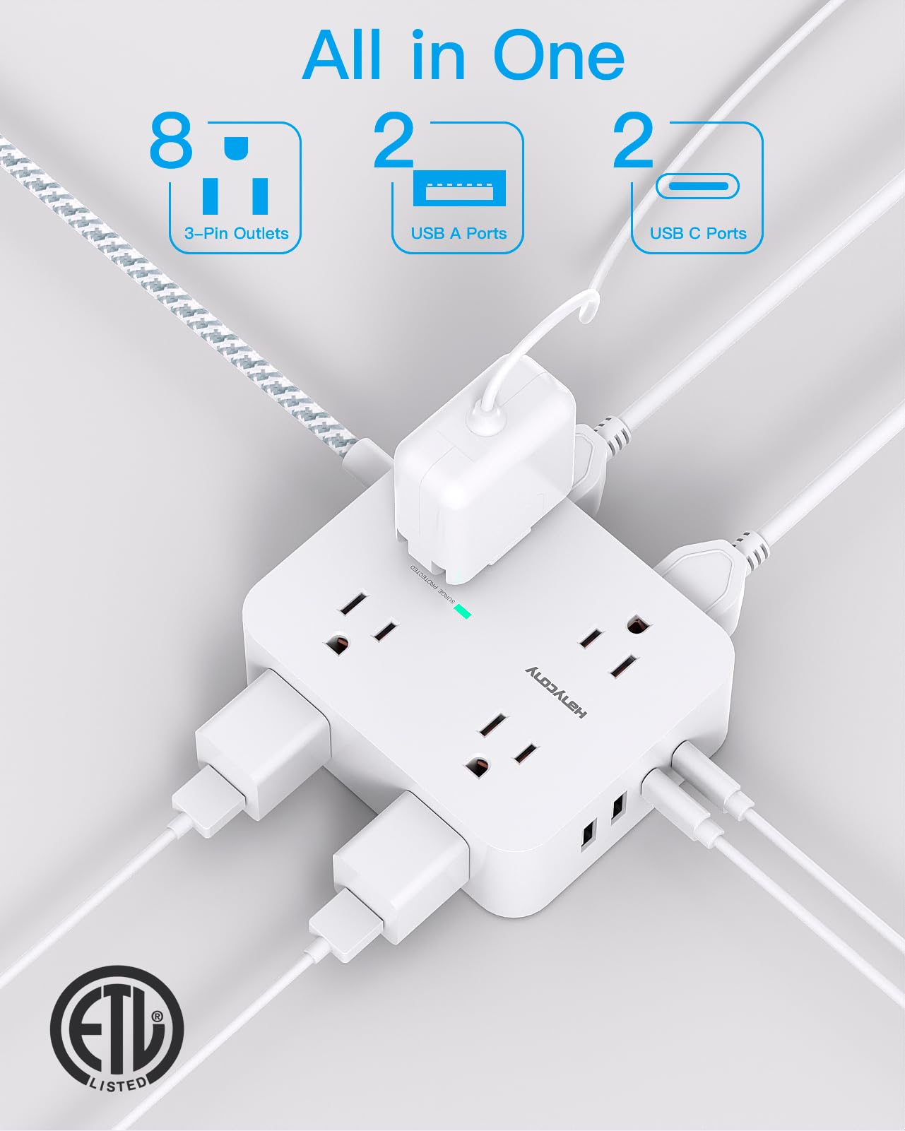 Surge Protector Power Strip - HANYCONY 8 Outlets 4 USB (2 USB C) Charging Ports, Multi Plug Outlet Extender, 5Ft Braided Extension Cord, Flat Plug Wall Mount Desk Charging Station for Home Office ETL: 10Ft White