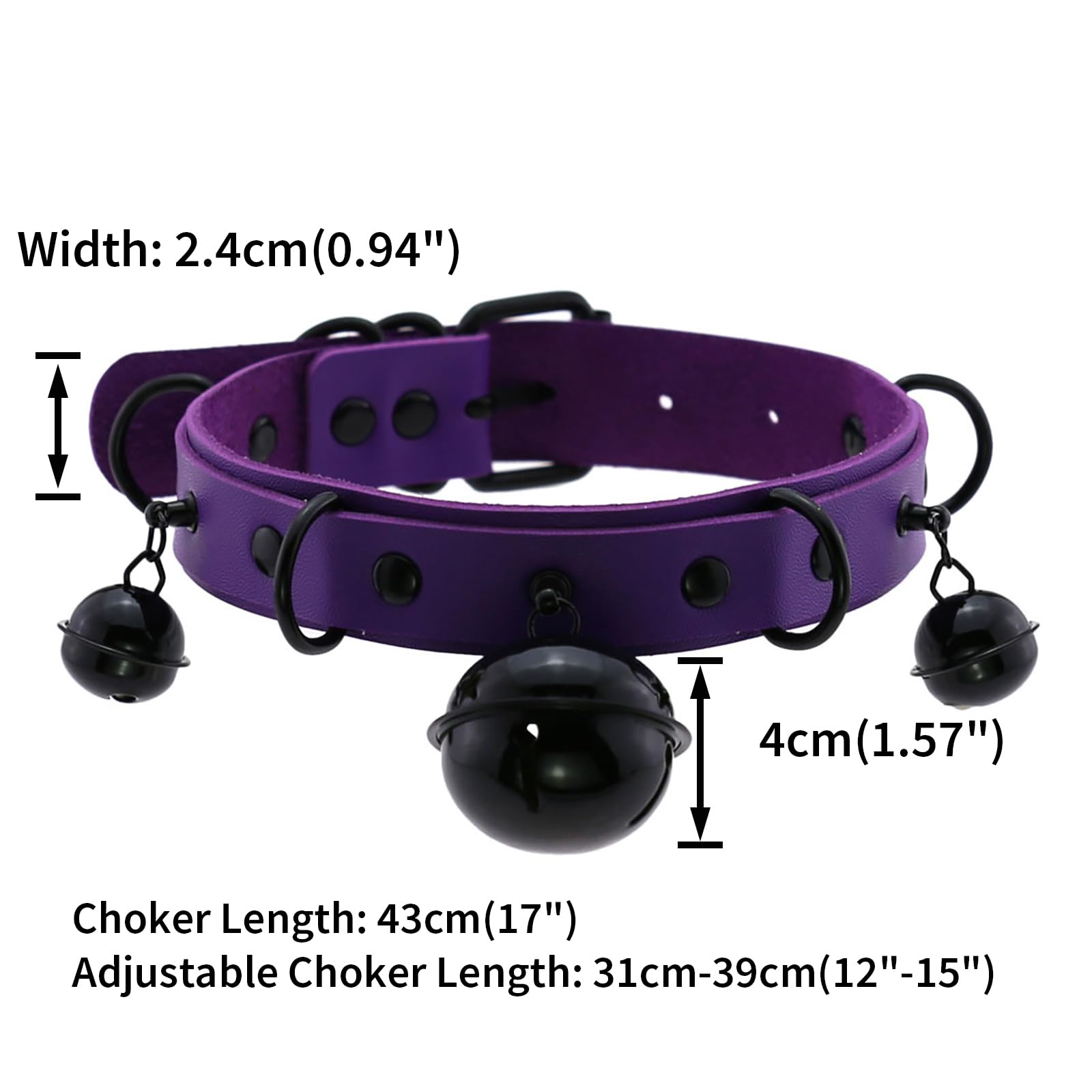 FM FM42 Multicolor PU Simulated Leather Black-tone Silver-tone 4cm Large Bell Rivets Neckband Choker Necklace: Black-tone Bell &amp; Purple