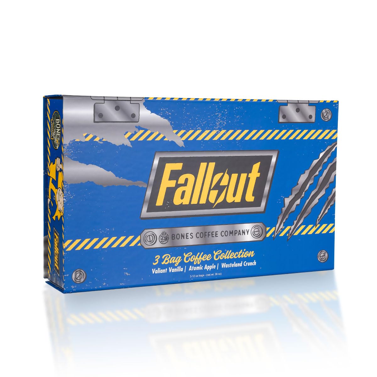 Bones Coffee Company Fallout Collector's Box Sample Pack Gift Set, Flavored Coffee Beans, Medium Roast Ground Coffee Low Acid, Apple Pie Flavor (12 oz Pack of 3): 12 Ounce (Pack of 3) Fallout Collector's Box (Ground)