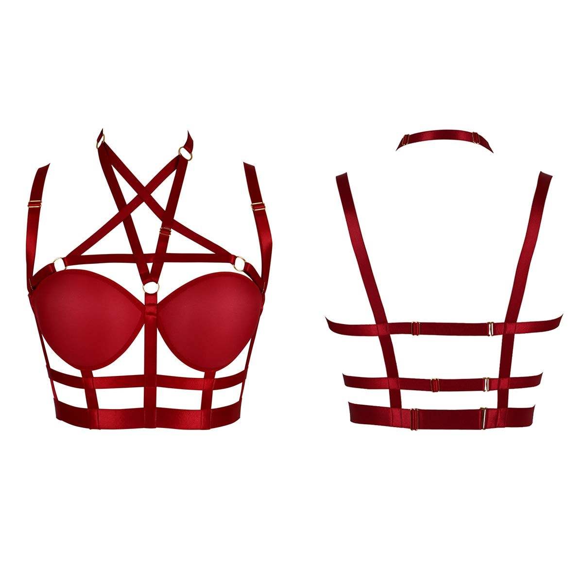 Woman's Body Harness Bra Lingerie cage Punk Goth Plus Size Festival Rave Pentagram Chest Strap Belt: Wine Red