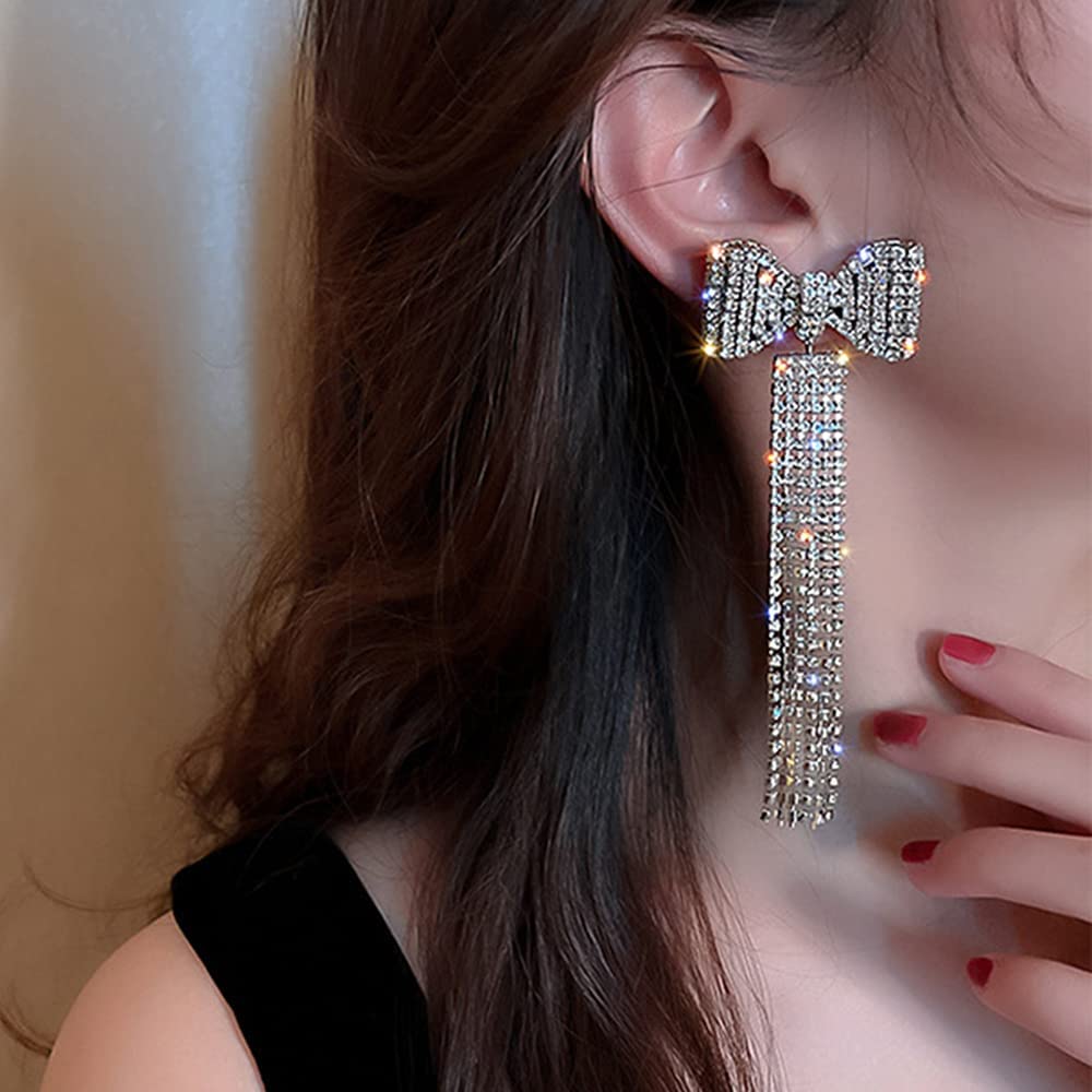 Wiwpar Long Fashion Bow Tassel Earrings Full Diamond Earrings Rhinestone Long Tassels Dangle Earrings for Women Girls thumbnail 3