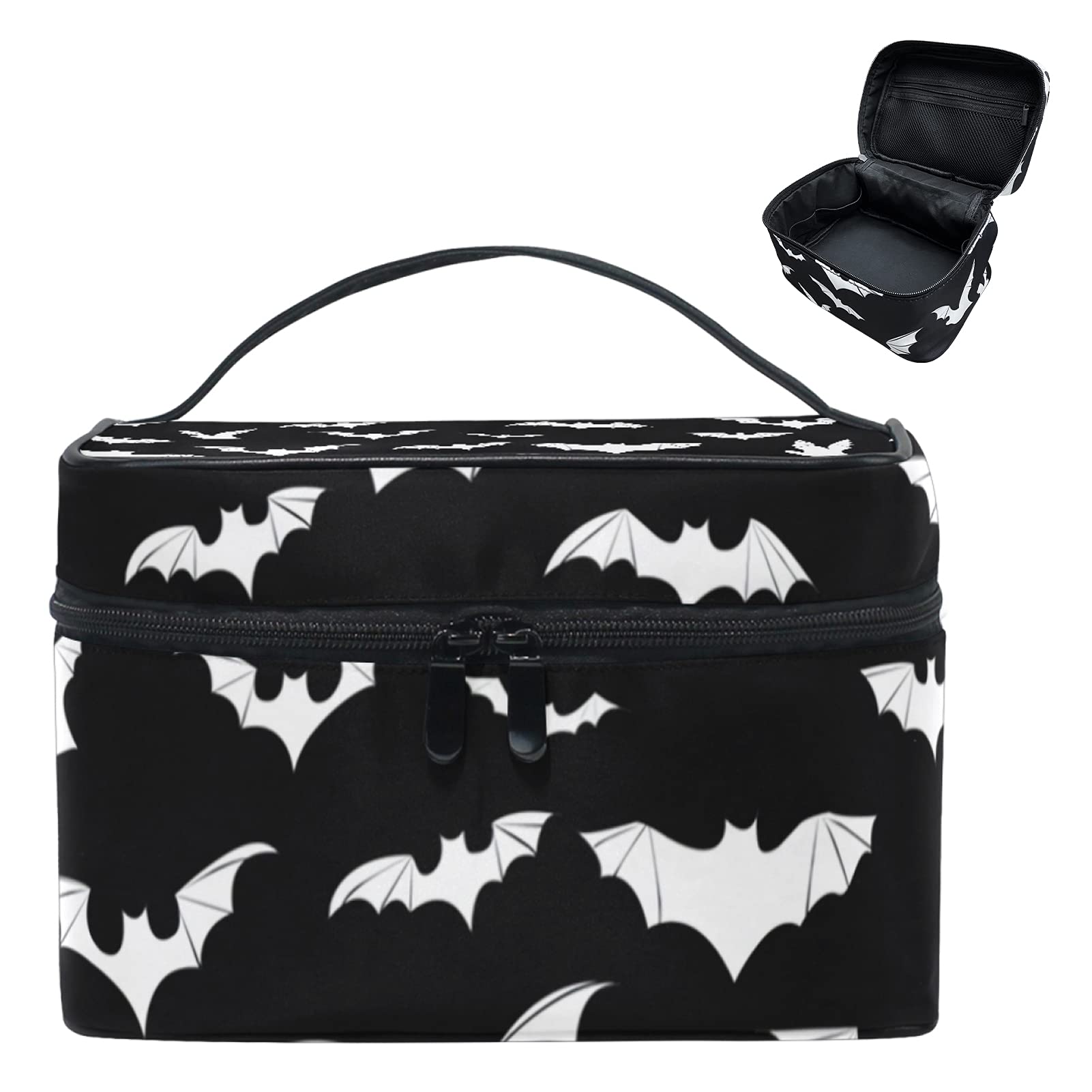 9CH Goth Makeup Organizer Bag, Halloween Makeup Bags Large Cosmetic Bag with Adjustable Dividers Portable Bat Cosmetic Case for Make up Brushes Toiletry Jewelry（Black Bats） thumbnail 1