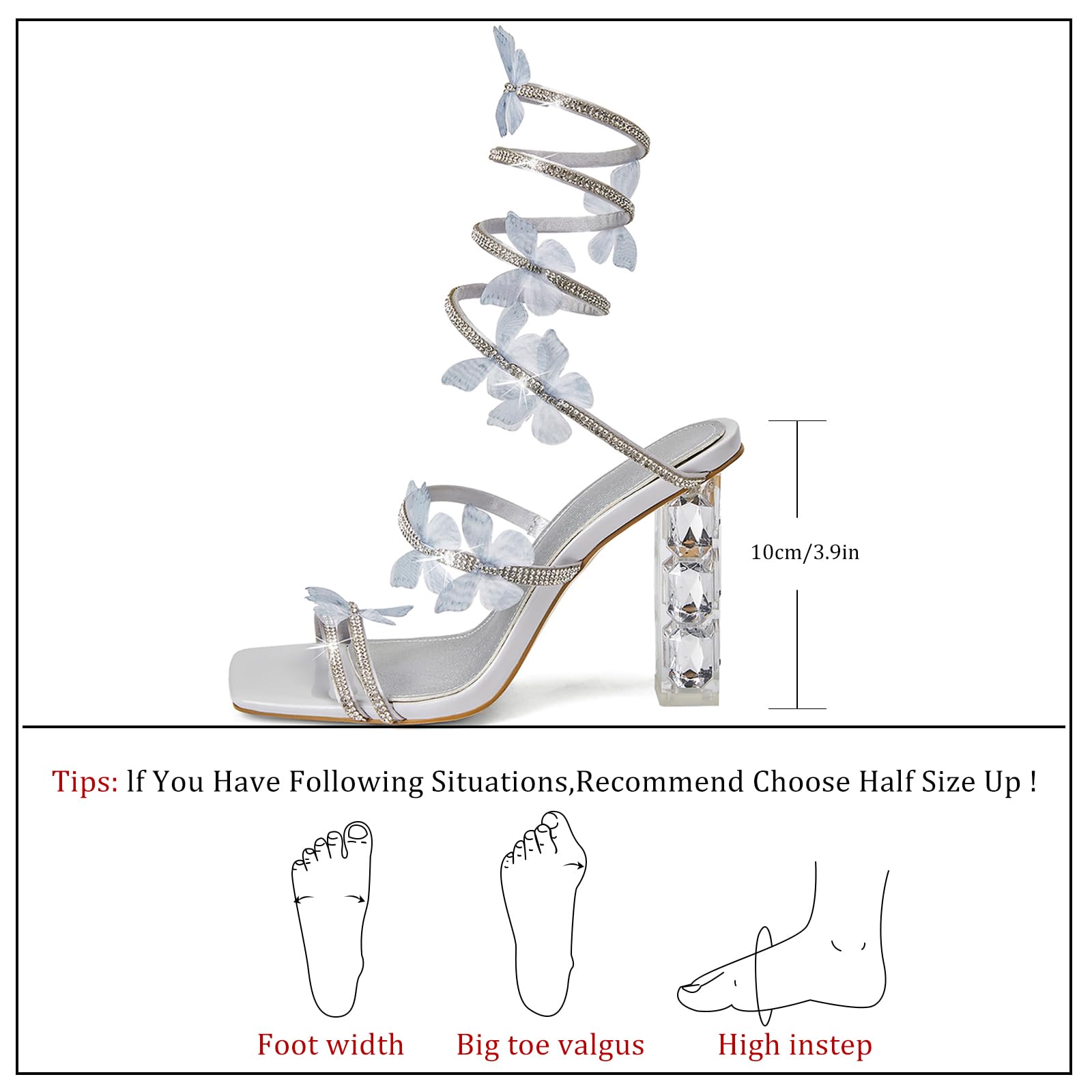 Womens Lace Up Sandals Square Open Toe Chunky High Heels Rhinestone Strappy High Block Heel Sandals Sparkly Dress Party Wedding Shoes: 9.5 Silver Grey