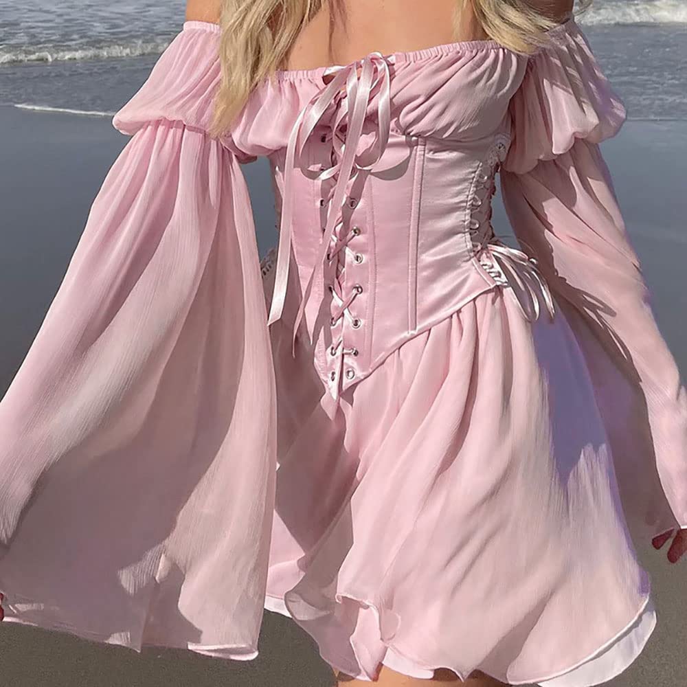 TSMNZMU Womens Two Piece Sets Corset Dress Off Shoulder Bell Sleeve Chiffon Dresses Lace-Up Mini Bustier Party Dress: 2 Piece Set Pink Small