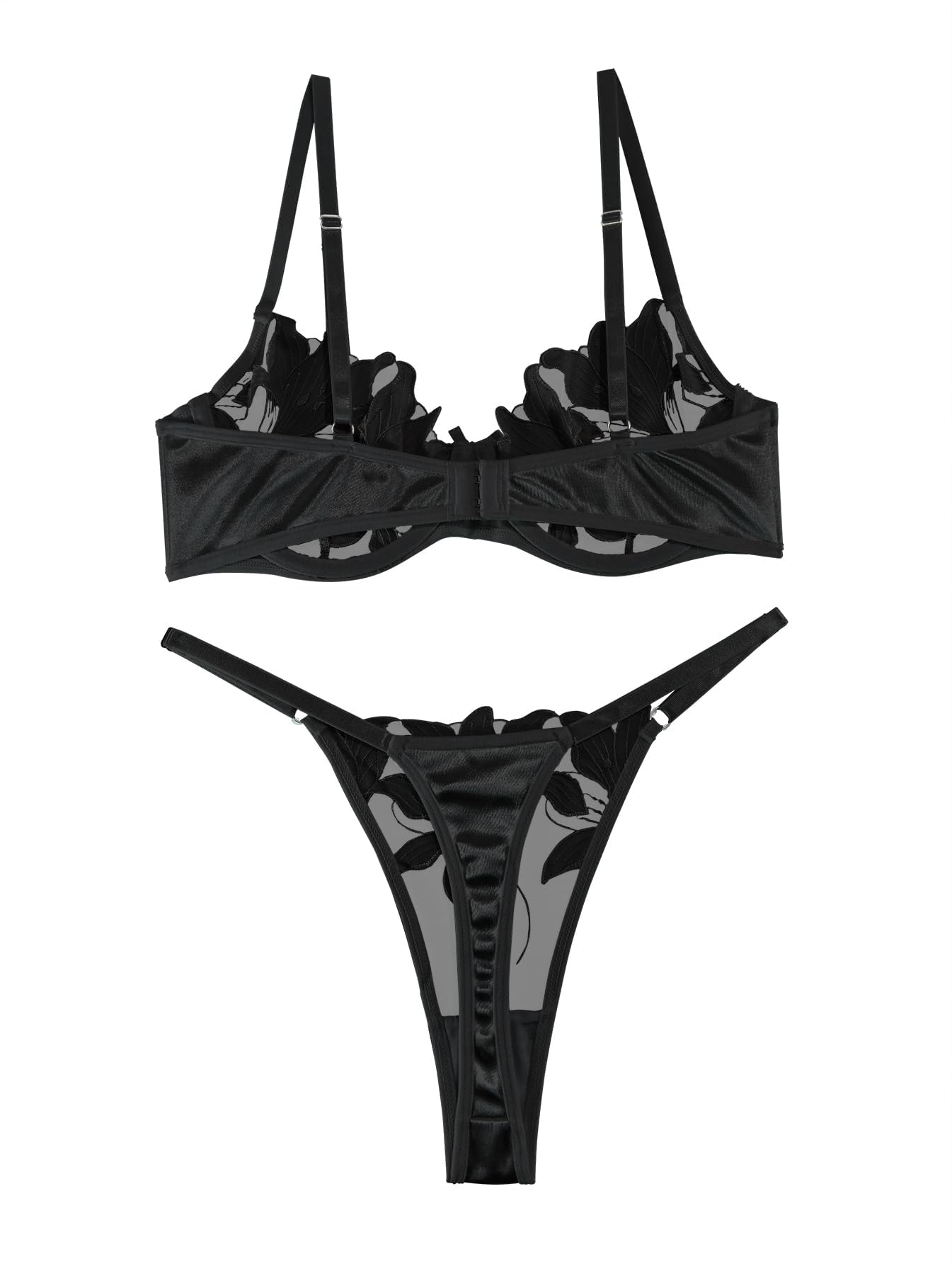 Lilosy Sexy Satin Mesh Floral Sheer Embroidered Underwire Lingerie Set 2 Piece Women thumbnail 2