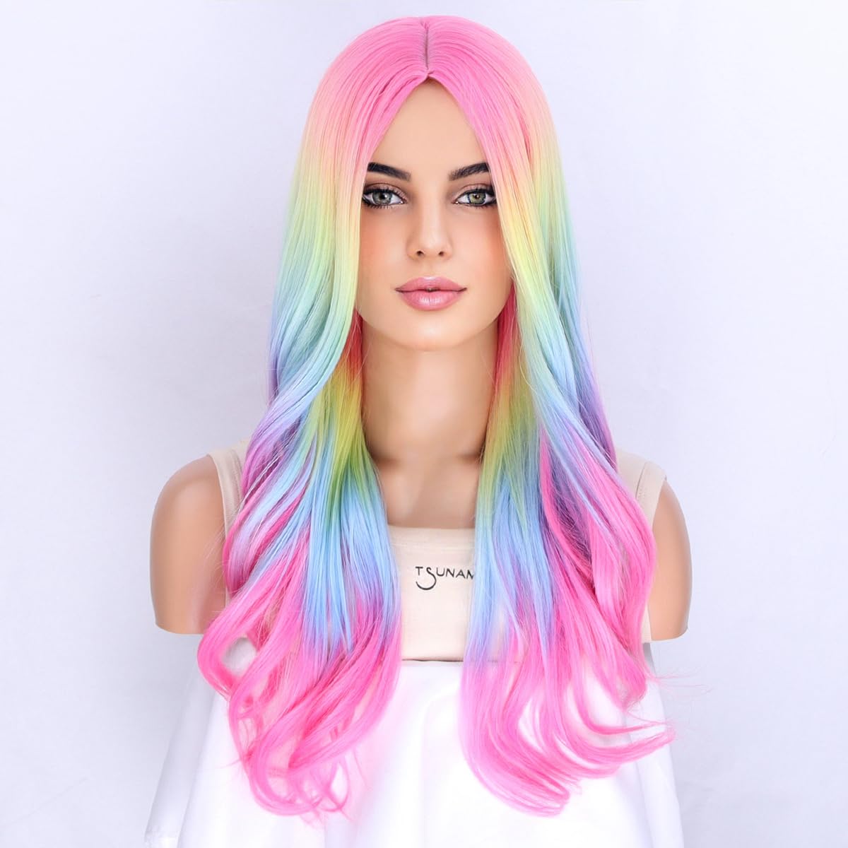 MAGQOO  Flame Fire Wig - Long Curly Wavy Ombre Wigs for Women & Girls - Middle Part, Heat Resistant, High Density Synthetic Wigs: Ombre Rainbow