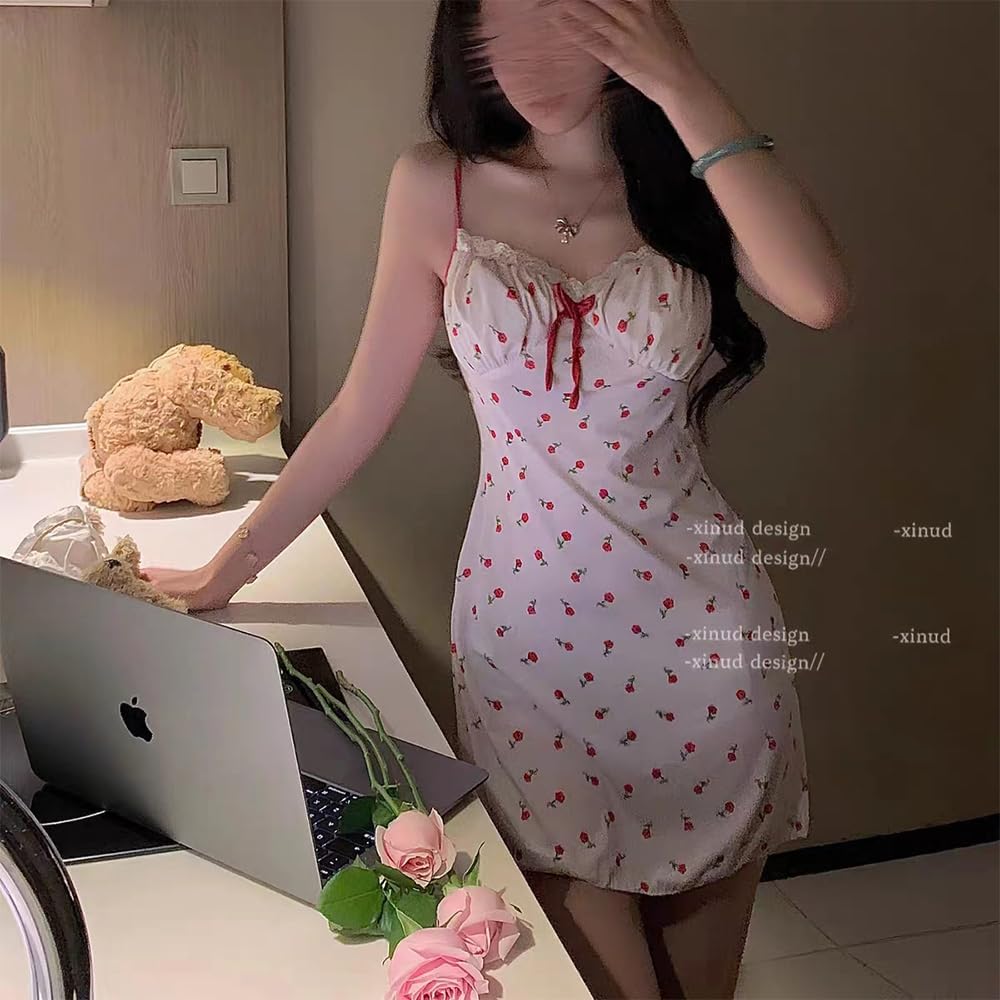QNCLO Women's ice silk camisole dress cosplay print Japanese girlish style kawaii lingerie: Rose One Size