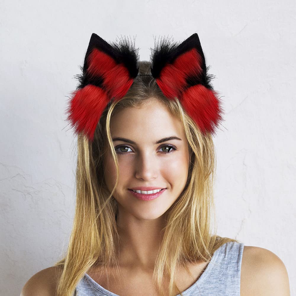 GaliaFaya Cat Wolf Fox Dog Ears Headband Handmade Faux fur Cosplay Halloween Costume Party: Black+red