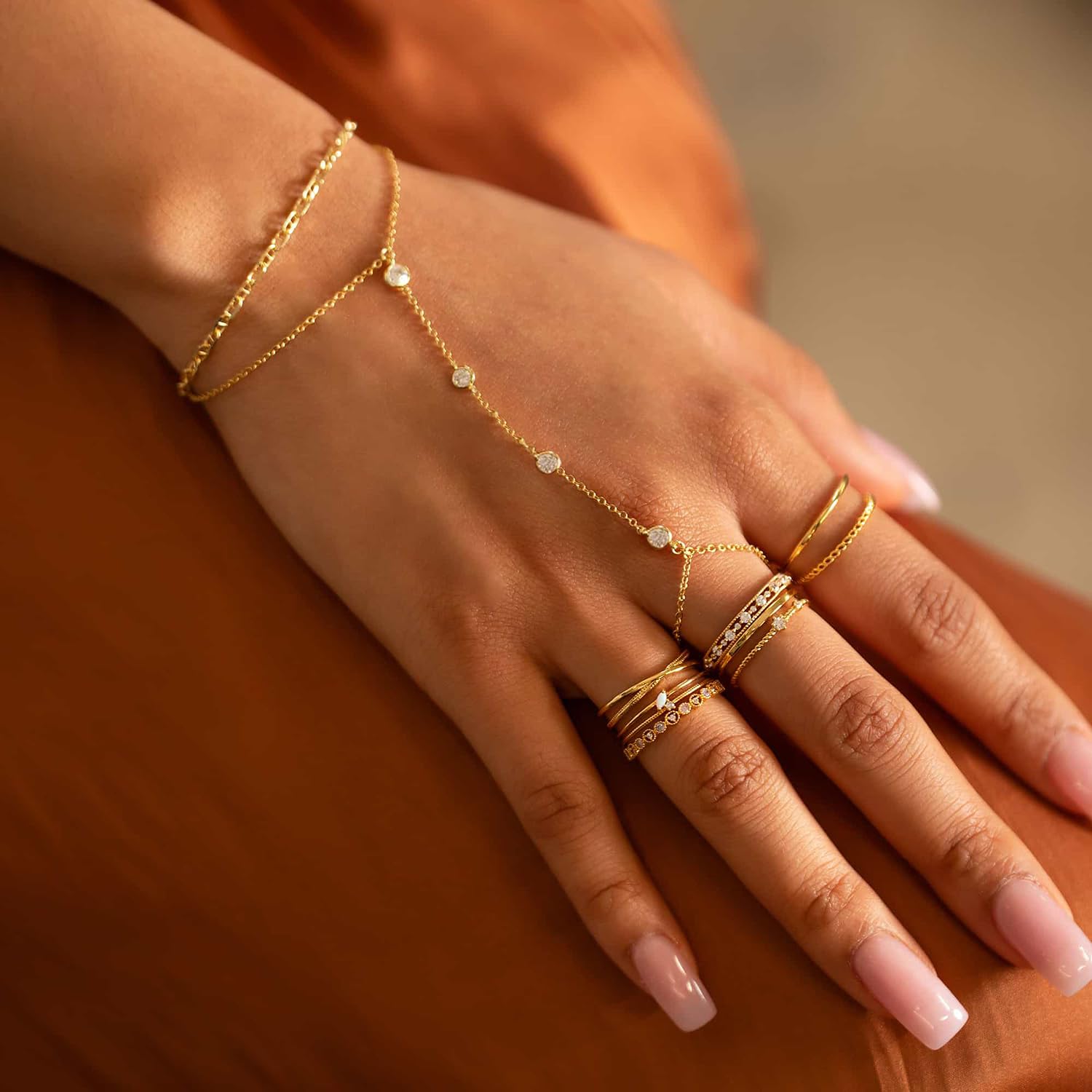 Listine Hand Chain Bracelet 14K Gold Plated Ring Bracelet Hand Chain Trendy Stuff for Women Dainty Hand Bracelets with Finger Ring Hand Jewelry for Women: I