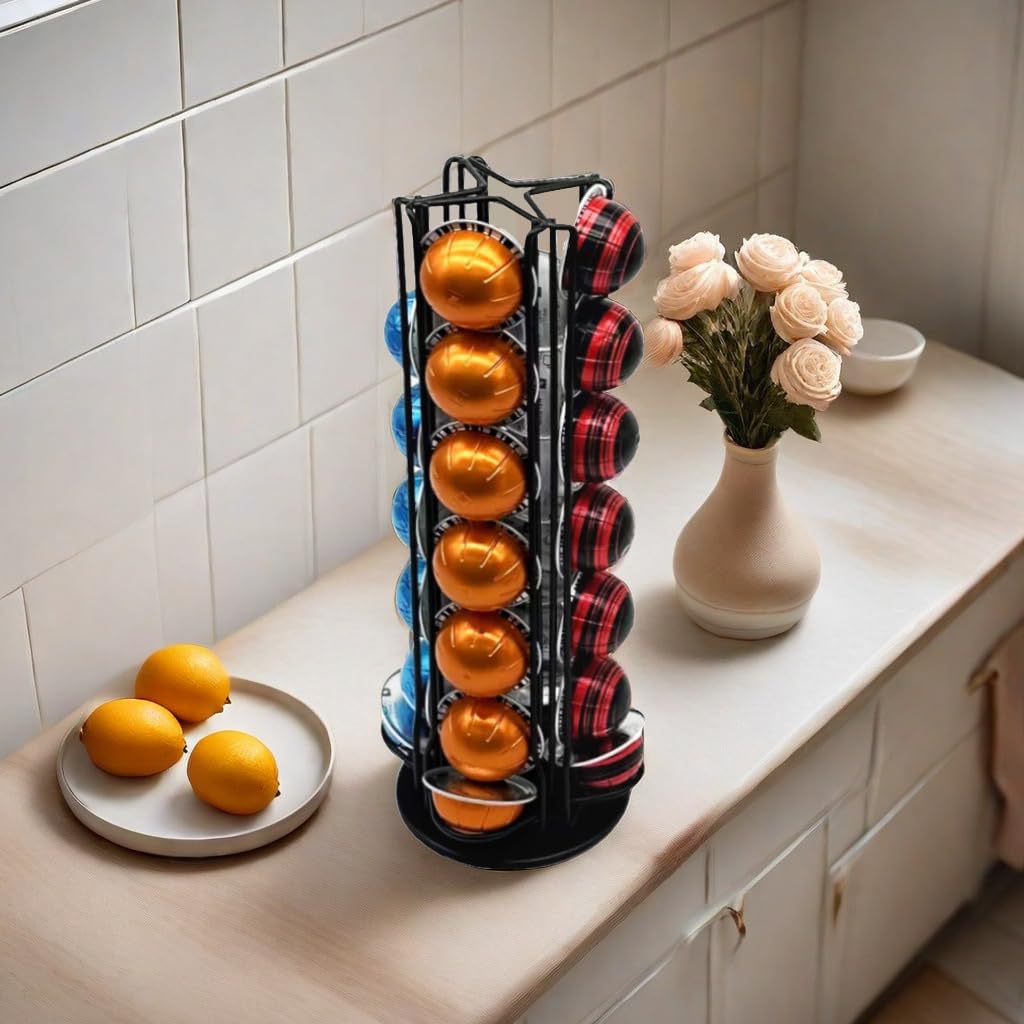 Meelio Vertuo Pod Holder Carousel Stand for 28 Nespresso Vertuo Capsule Storage Organizer with Extra Space for Coffee Mate Silent Rolling，Black: Black 28 Vertuo Pod