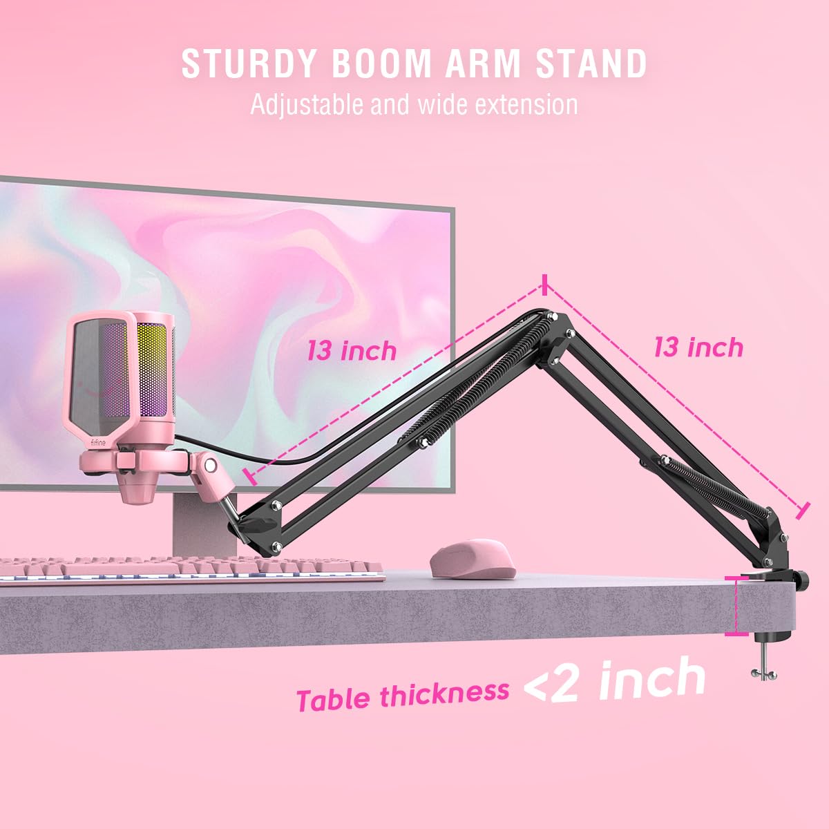 FIFINE Gaming PC USB Microphone, Podcast Condenser Mic with Boom Arm, Pop Filter, Mute Button for Streaming, Twitch, Online Chat, RGB Computer Mic for PC Gamer Youtuber-AmpliGame A6T: Pink