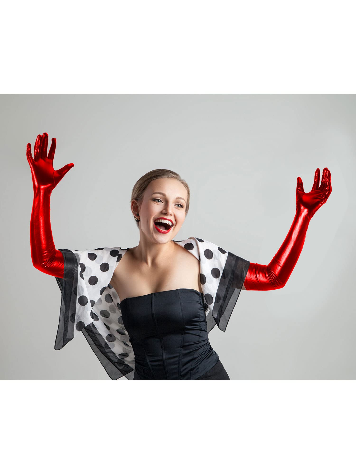 SATINIOR Women's Carnival Halloween Costume Elastic Spandex Shiny Wet Long Gloves and Thigh High Stockings: Red