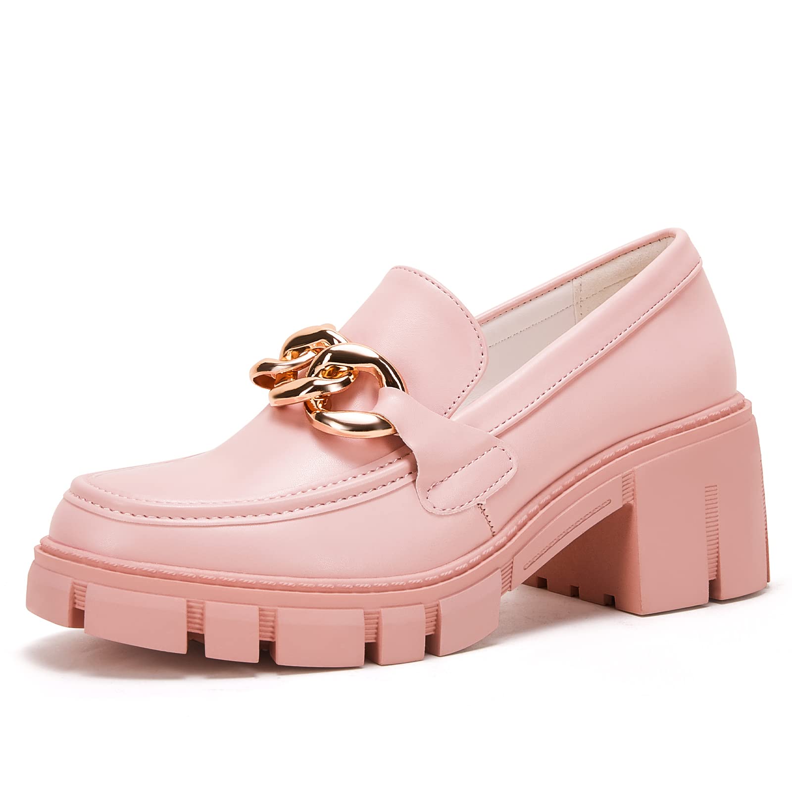 TINSTREE Platform Loafers for Women with Chain Comfort Chunky Heel Slip On Round Toe Business Work Shoes thumbnail 1