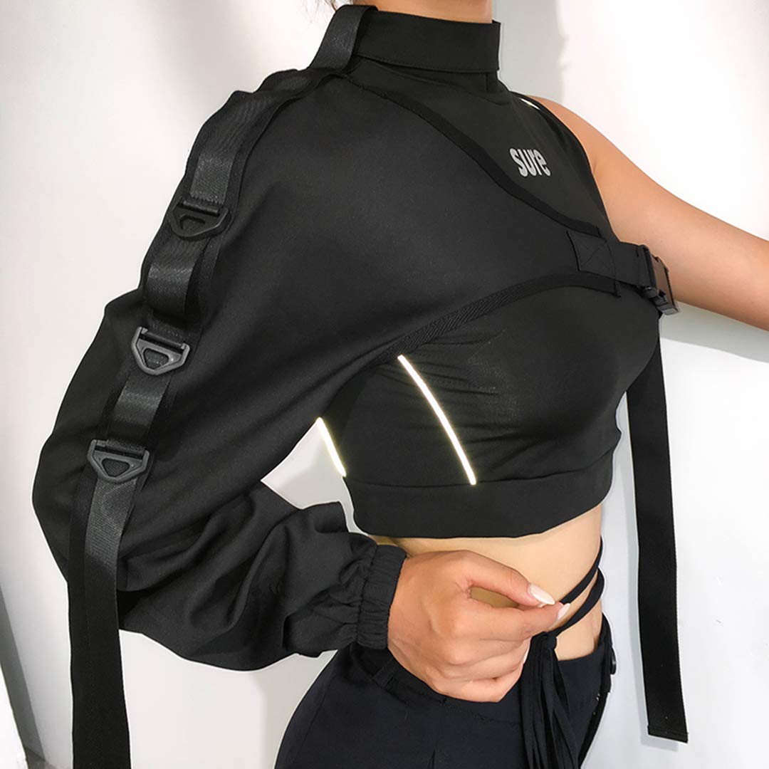 FlyCC Women Sexy One Shoulder Adjustable Buckle Crop Tops - Reflective Festival Rave Form Fitting Shrugs: Black