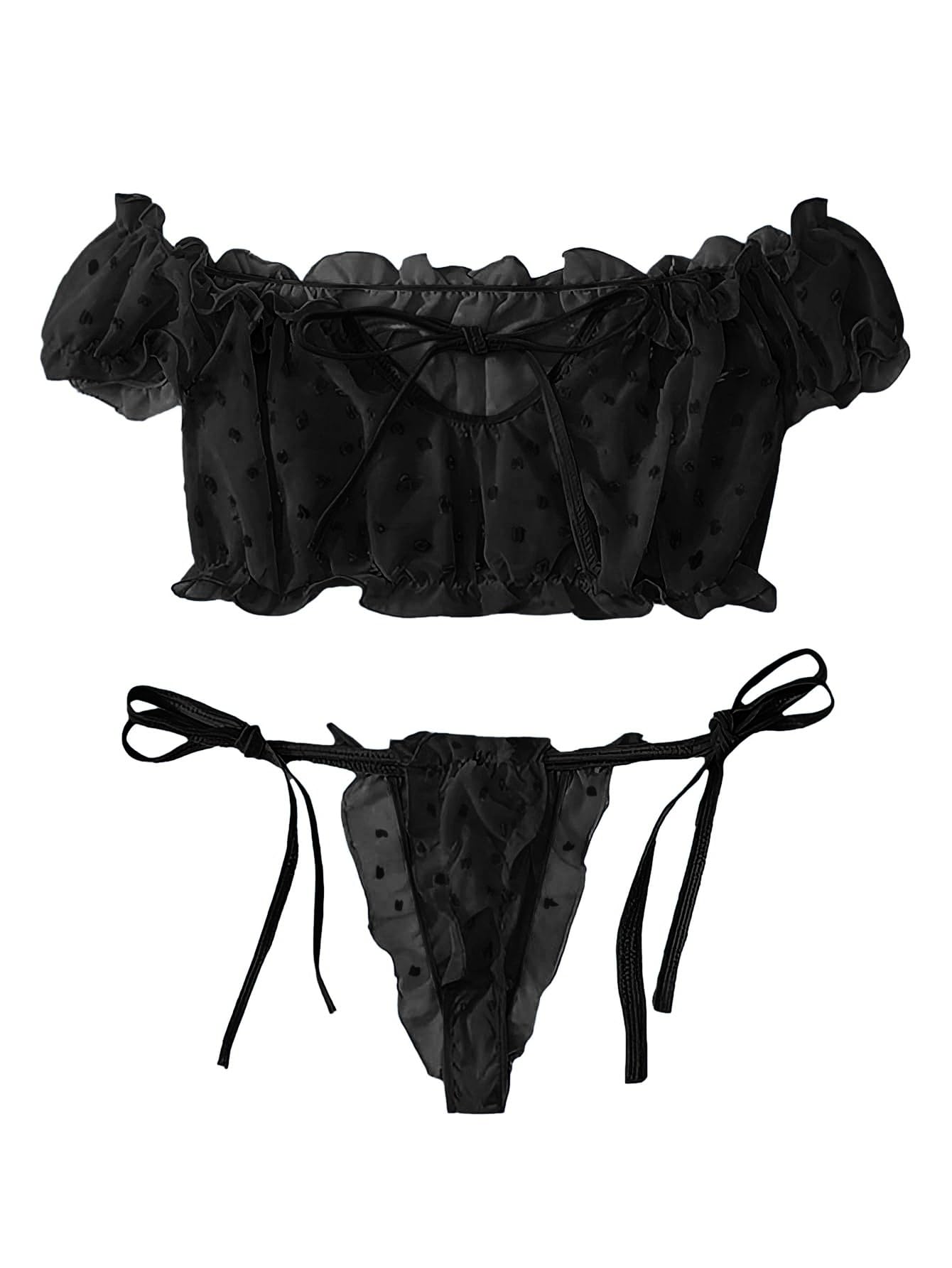 Lilosy Sexy Stretch Ruffle Tie Sheer Mesh Lingerie Set Outfits: Chiffon Medium Chiffon Black