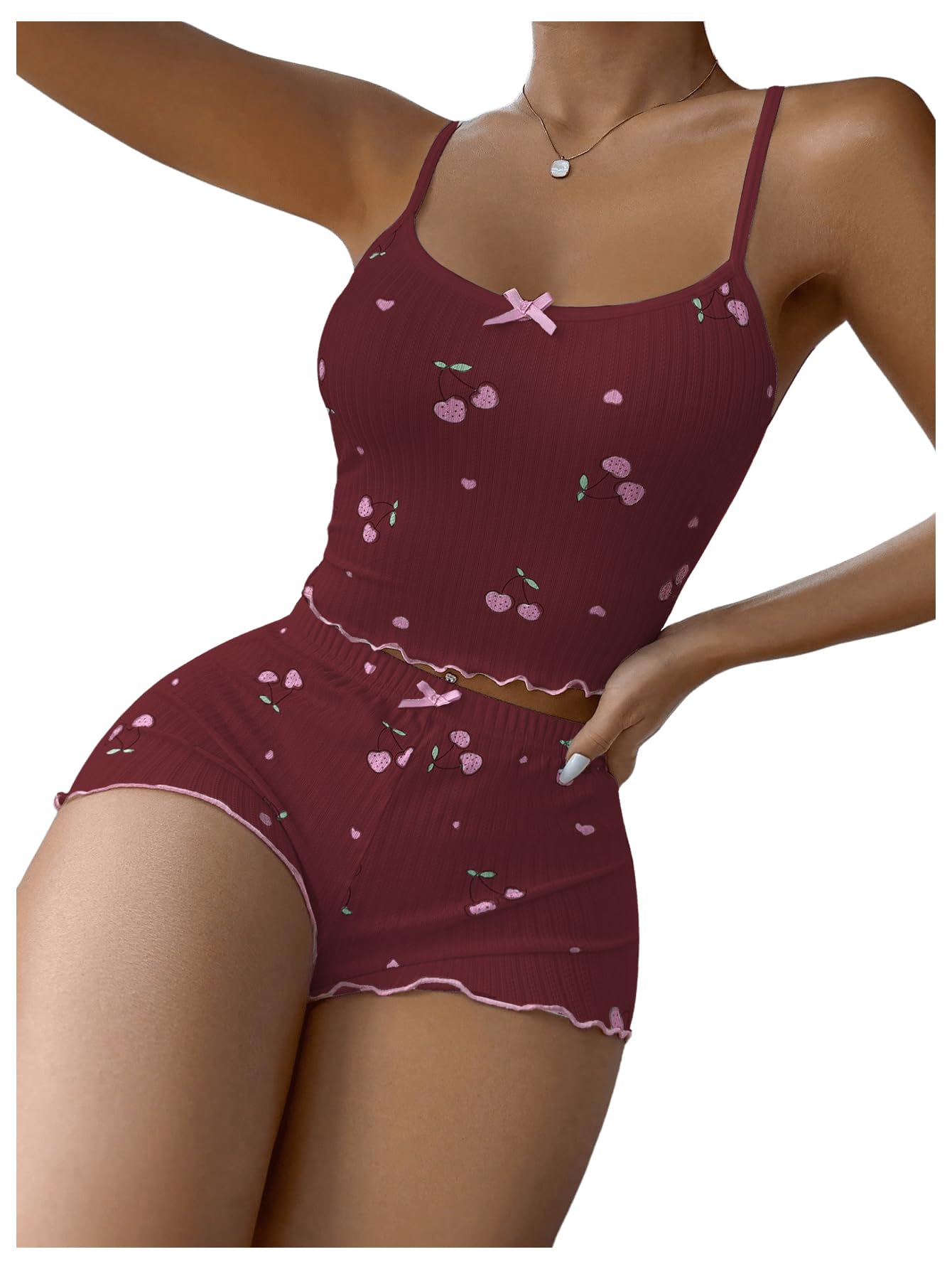 RoseSeek Women's 2 Piece Pajama Set Cherry Spaghetti Strap Bow Cami Tops and Shorts Set Cute Soft Sleepwear Burgundy Large