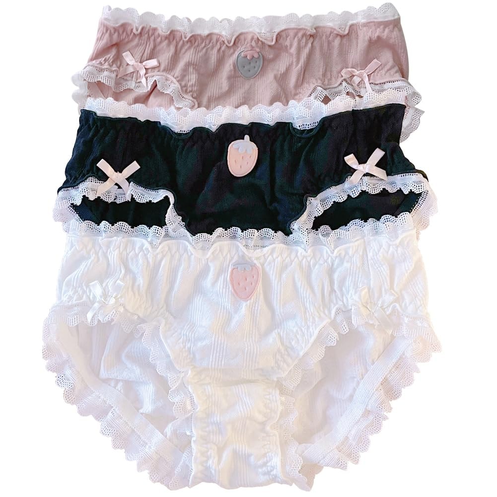 Joyralcos Japanese Stawberry Print Bikini Panties 2 Pack Briefs Cosplay Anime Underwear: One Size 3 Pack Lace Around Style