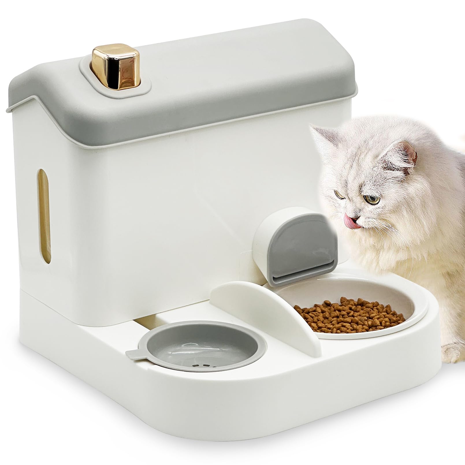 Fhiny Gravity Cat Feeder and Water Dispenser, 2 in 1 Automatic Pet Waterer Detachable Stainless Steel Food Bowls Set Pet Food Storage for Small Dog Puppy Cat Kitten Pet Easy Clean (Grey): Style F Grey-Ceramic Bowl