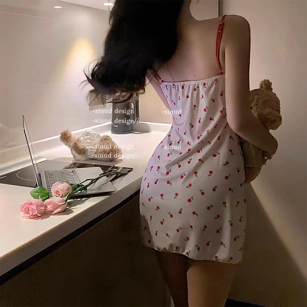 QNCLO Women's ice silk camisole dress cosplay print Japanese girlish style kawaii lingerie: Rose One Size