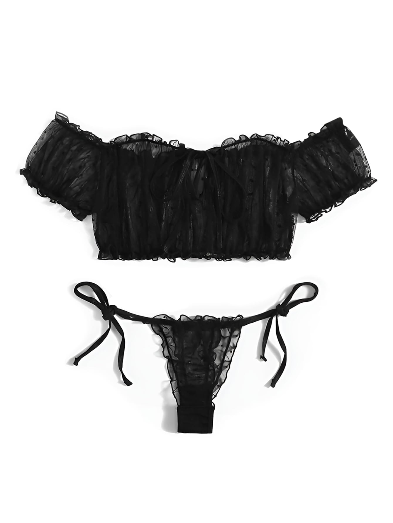 Lilosy Sexy Stretch Ruffle Tie Sheer Mesh Lingerie Set Outfits: Medium Chiffon Black