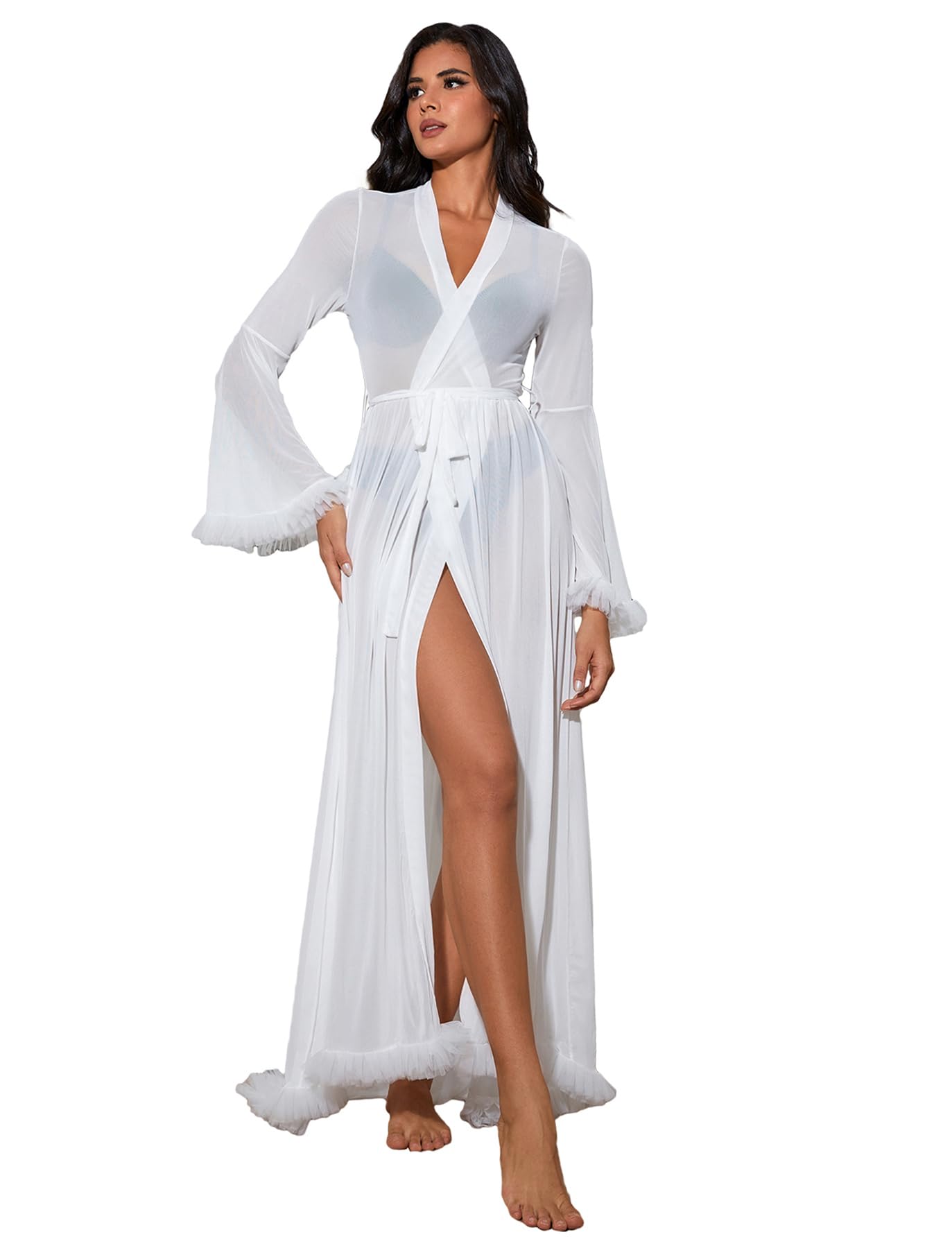OYOANGLE Women's Ruffle Trim Long Sleeve Belted Sheer Mesh Wedding Bride Robe Nightgown: Small White