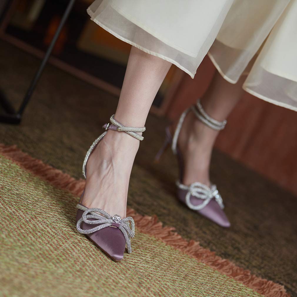 Arqa Rhinestone Bow Heels for Women Pointed Toe Crystal Ankle Strap Slingback Pumps Satin Stiletto High Heel Sandals Wedding Bridal Shoes thumbnail 5