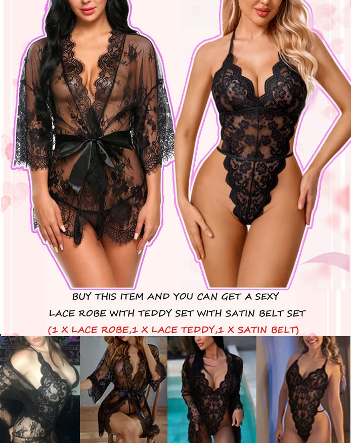 Avidlove Women Sexy Lingerie Set 2 Piece Lace Kimono Robe with Lace Teddy Lingerie Bodysuit: Black Medium