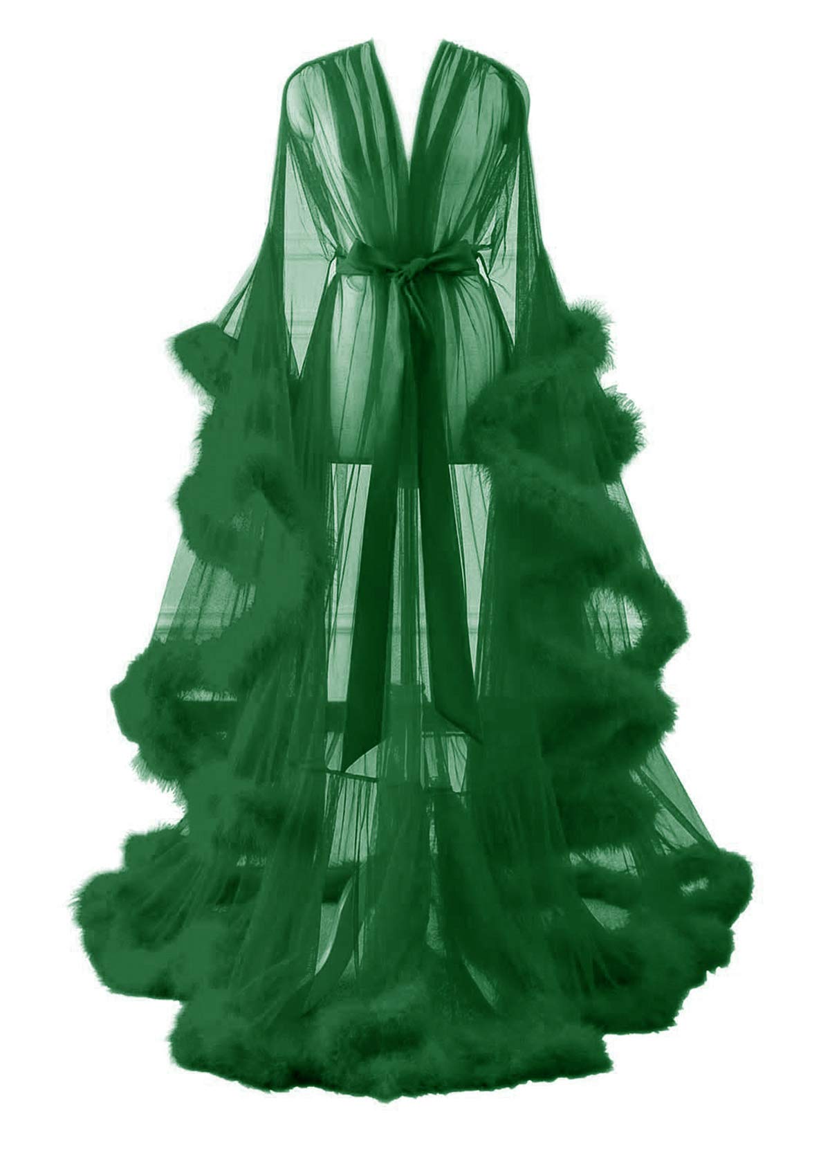Changuan Sexy Feather Robe Long Fur Tulle Robe Sheer Lingerie Maternity Photoshoot Dress Sleepwear Nightgown Bathrobe: Small-Medium Dark Green