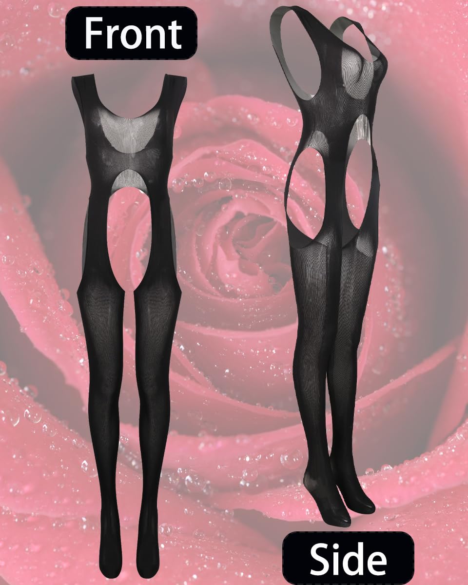 Women Sexy Bodystocking Suspenders Sheer Lingerie Garter Cutout Bodysuit Scoop Neck One Piece Jumpsuit Attached Stockings Fishnet Outfit Body-stocking Hollow-Out Tights Body Suits
