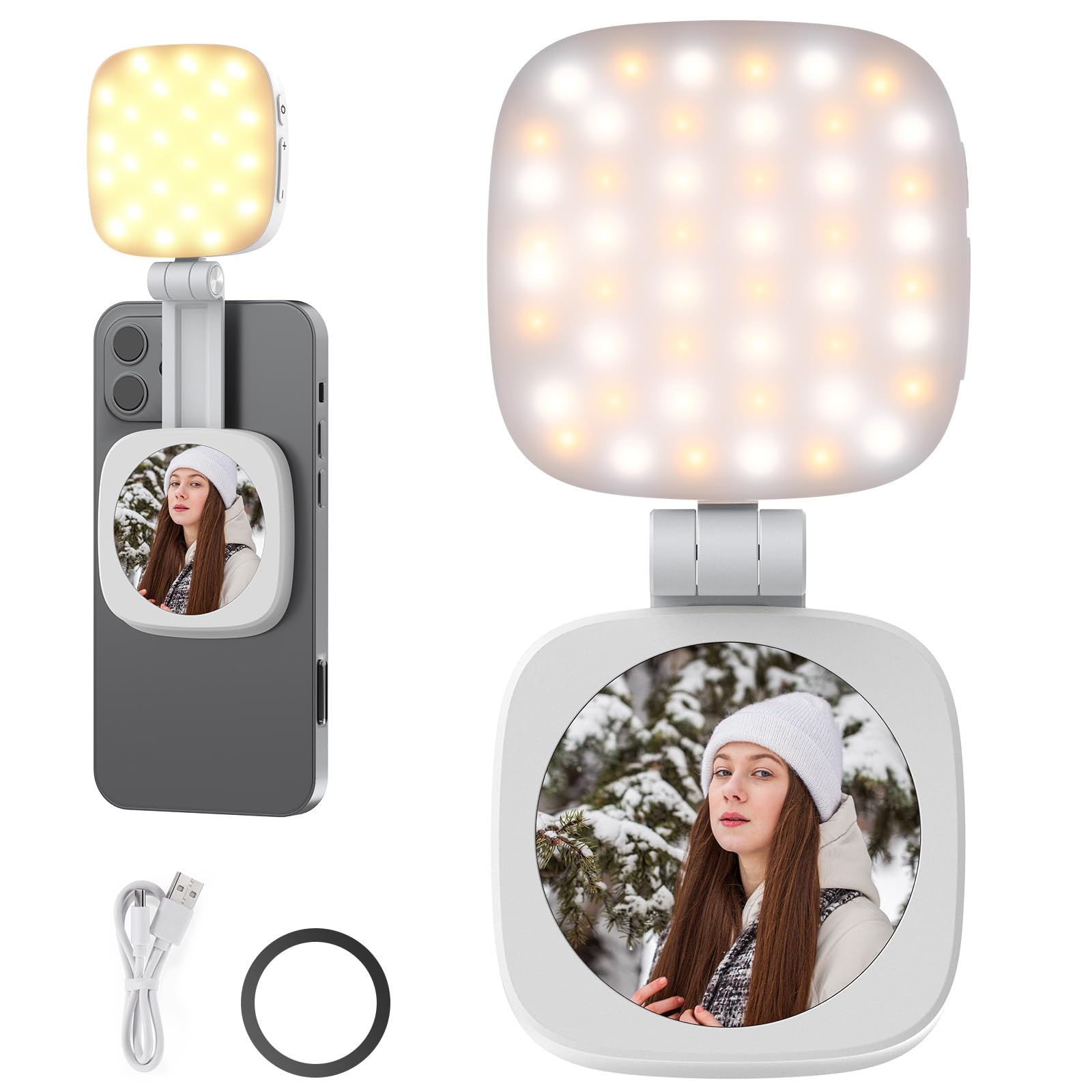 NEEWER BASICS Magnetic Selfie Light Compatible with MagSafe iPhone, CRI95 700lx/0.3m Folding LED Phone Fill Ring Lighting with Mirror for Zoom Makeup Photography Recording Video Conference, NL48B: White