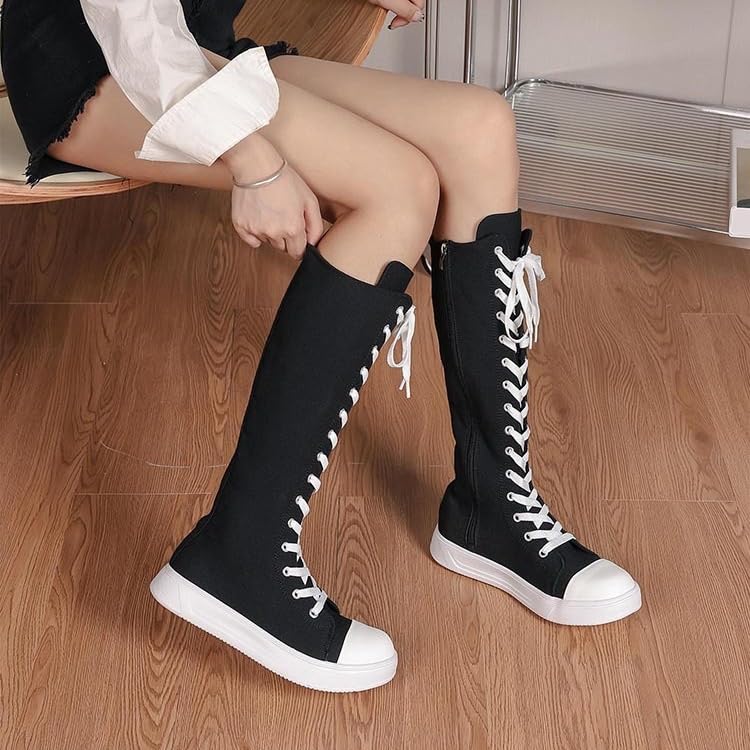 Women's Canvas Boots Knee High Platform Boots Women Lace Up Sneakers Boots Side Zip Canvas Shoes Dance Boots thumbnail 3