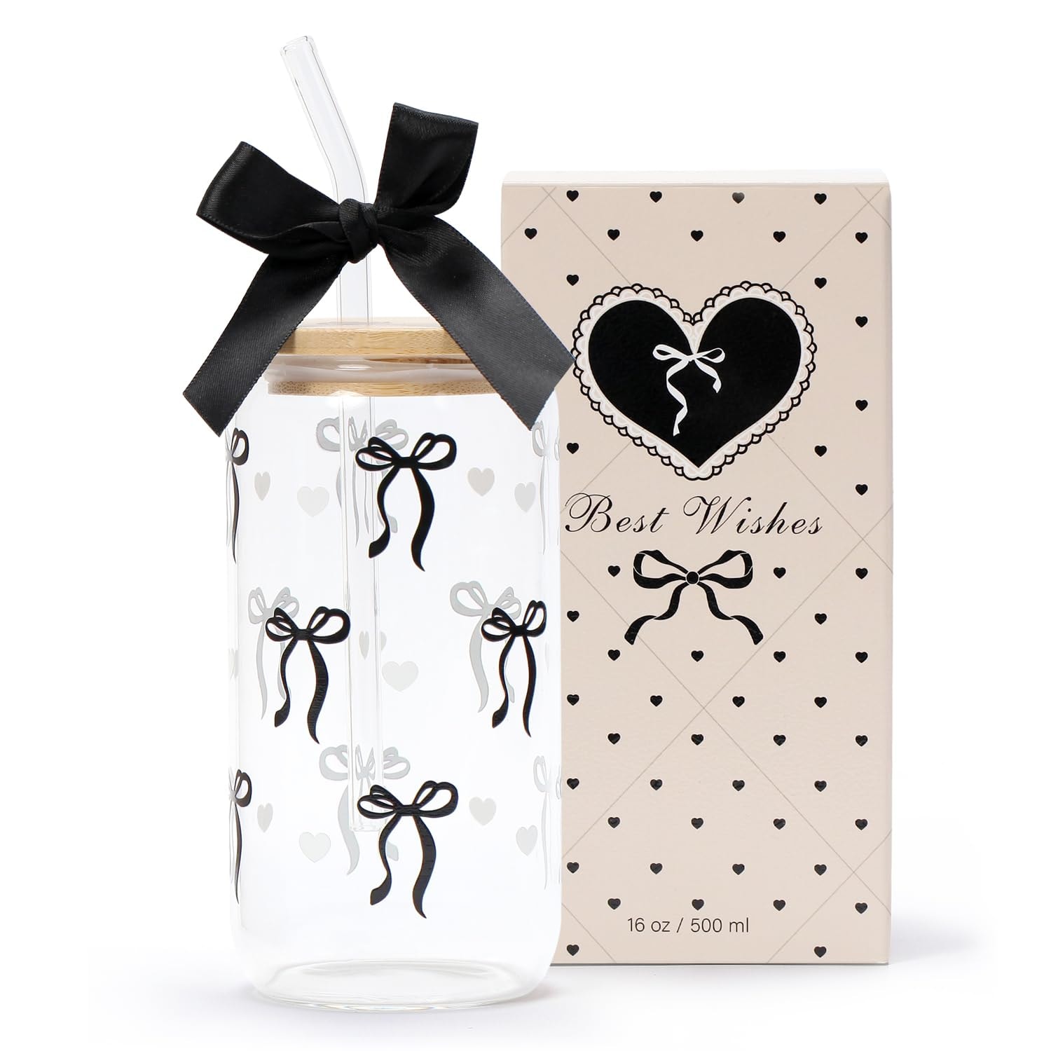 LANGASQUE Coquette Black Bow Aesthetic Cup With Gift Box 16oz Glass Cup with Lids Straws and Black Bow Iced Coffee Smoothie Cute Tumbler with Cleaning Brush for Girls Bestfriend Sister Girlfriend: LANGASQUE Coquette Black Bow Aesthetic Cup With Gift Box 16oz Glass Cup with Lids Straws and Black Bow Iced Coffee Smoothie Cute Tumbler with Cleaning Brush for Girls Bestfriend Sister Girlfriend