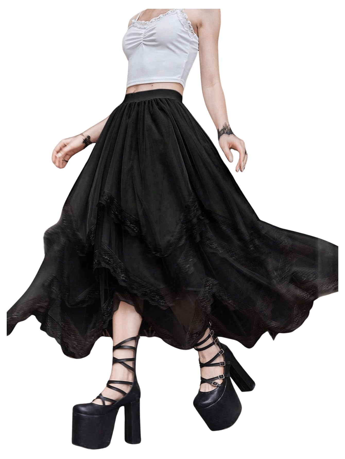 SHENHE Women's Lace Trim Layered Mesh Tulle Skirt High Waist Asymmetrical Long Goth Skirt