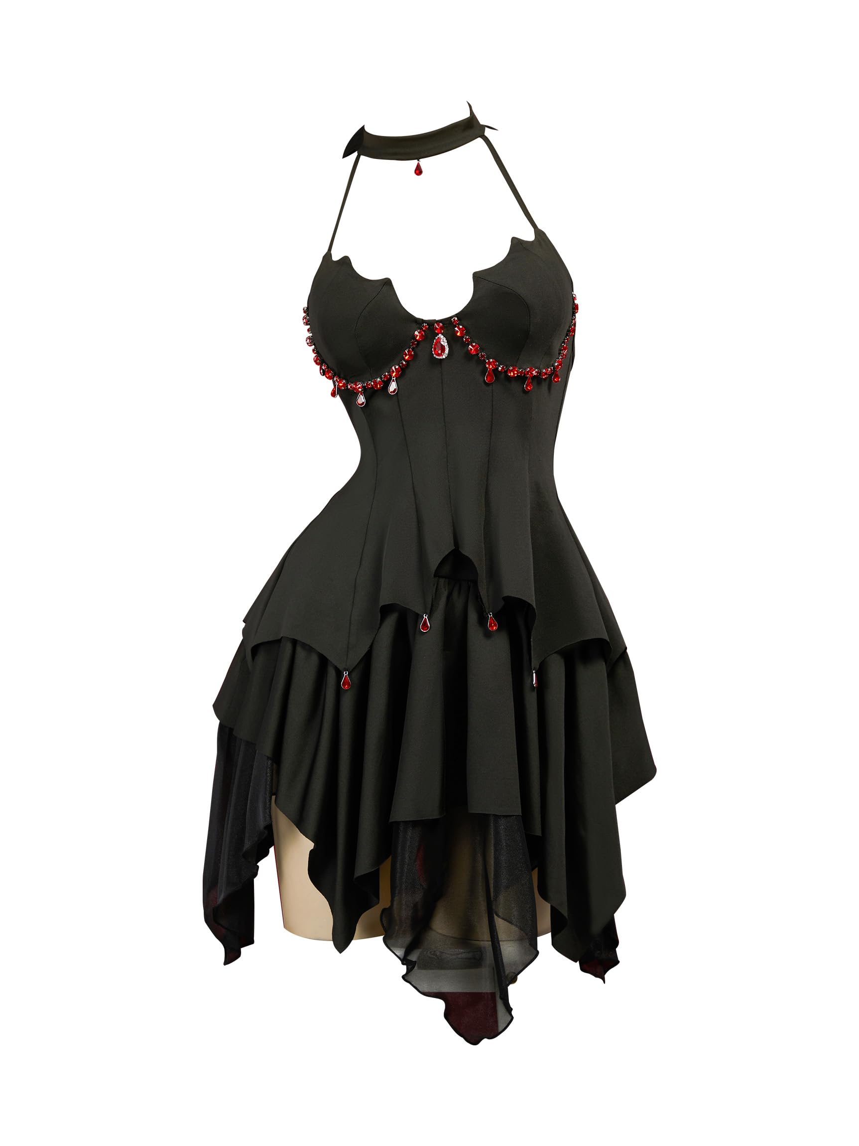 MEOWCOS Women's Gothic Dress Bat Style A-line Goth Halter Dress Halloween Cosplay Costume: Black Large