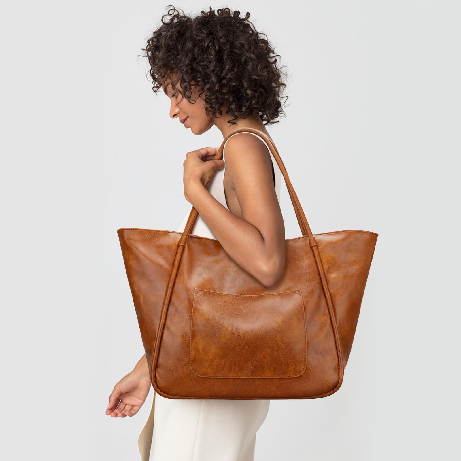 KKXIU Large Tote Bag for Women with Zipper Work Leather Travel Purse and Handbags