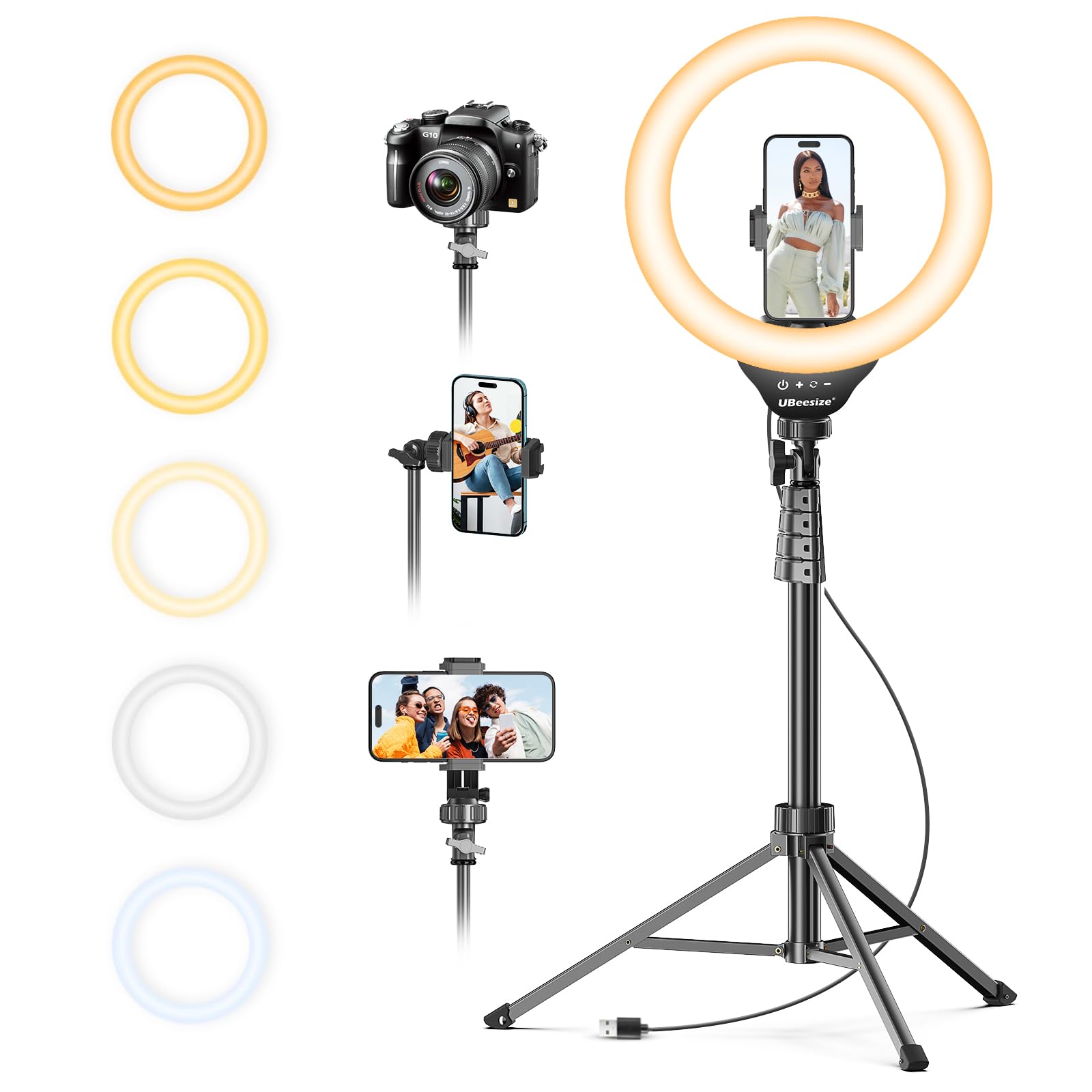 UBeesize 12'' Selfie Ring Light with 62’’ Tripod Stand for Video Recording, Live Streaming(YouTube, Instagram, TIK Tok), Compatible with Phones, Cameras and Webcams: White,Warm,Daylight Black