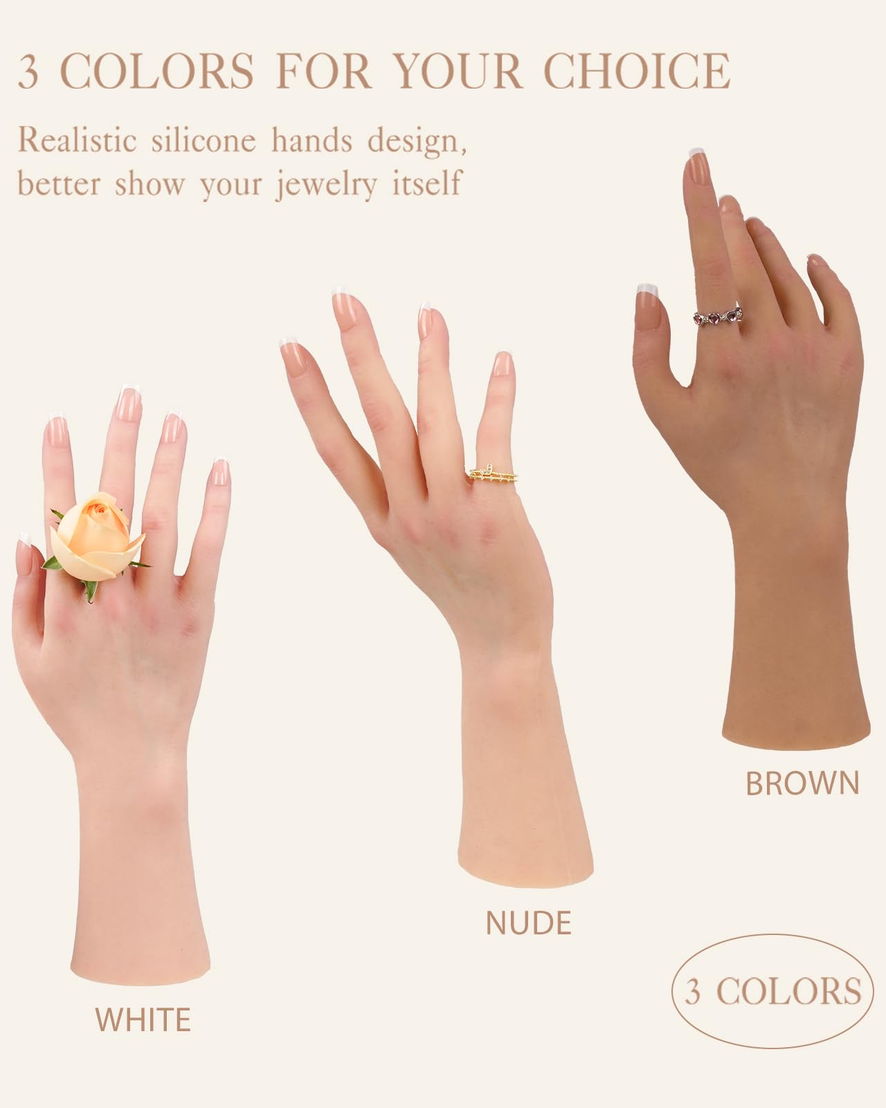 KUMIHO Realistic Silicone Female Hand Model Fake Hand for Jewelry Display Tattoo Training Practice Art Sketch with Nails, 1 Pair -with Skeleton, White: White 1 Pair -With Skeleton