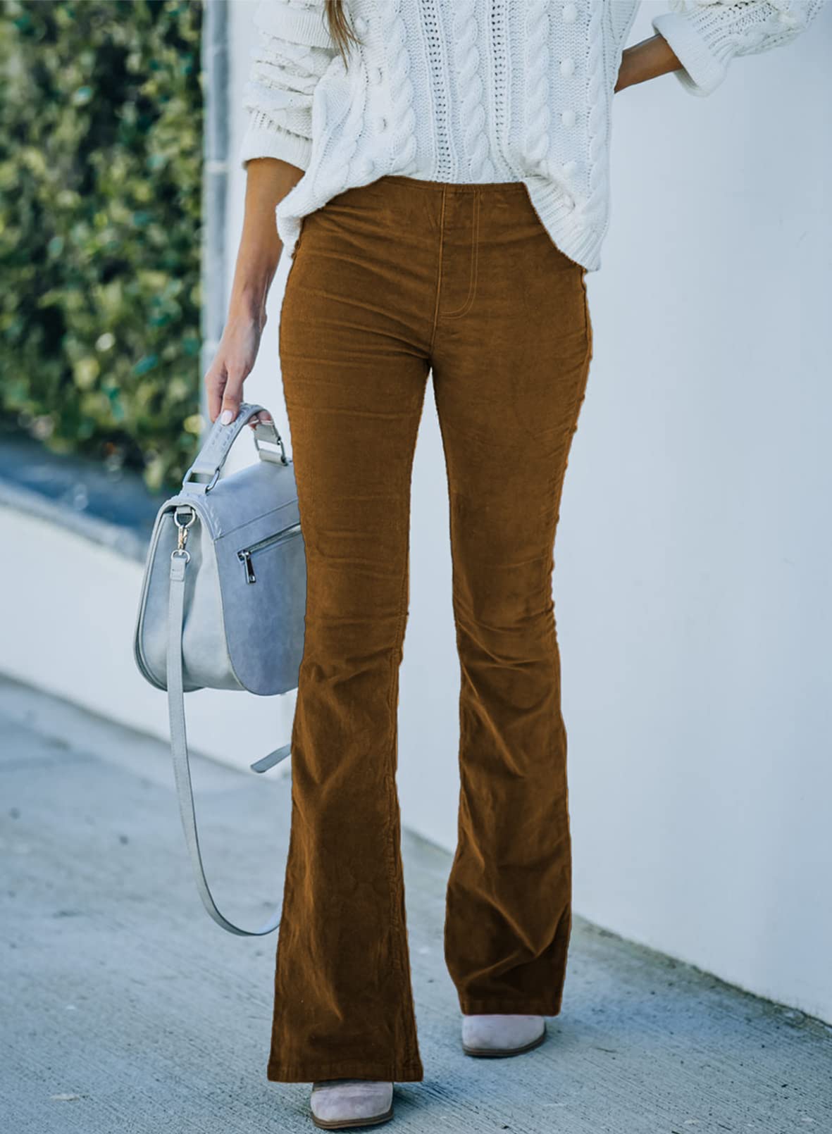 Sidefeel Women's Corduroy Flare Pants Elastic Waist Bell Bottom Trousers 2024 Women Fashions