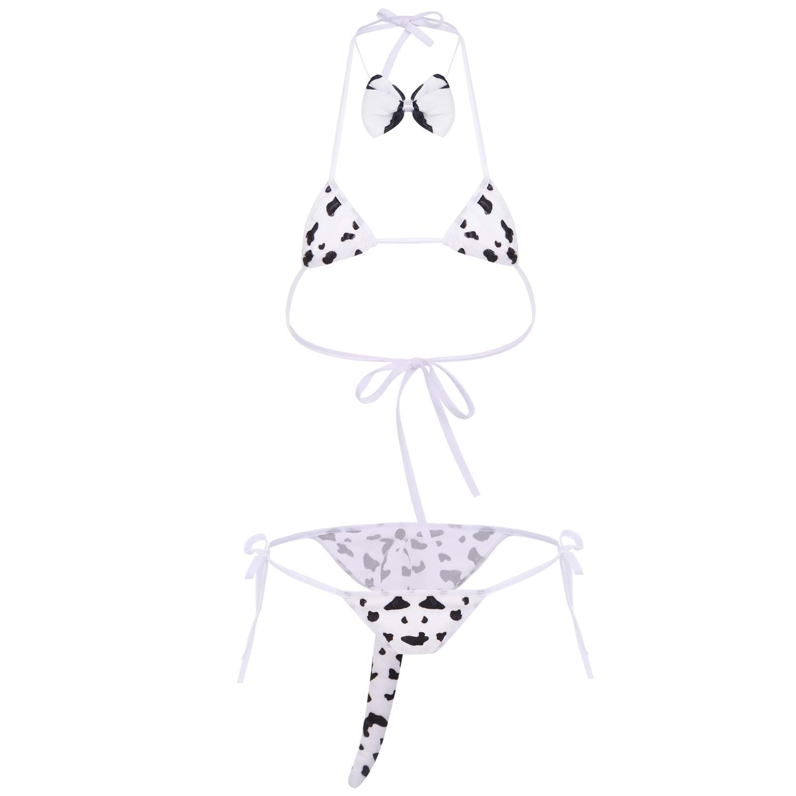FYMNSI Women Sexy Milk Cow Lingerie Set Anime Maid Cosplay Costume Mini Bikini Bra Bodysuit with Bell Choker Stockings Outfit: One Size Cow Bikini Set
