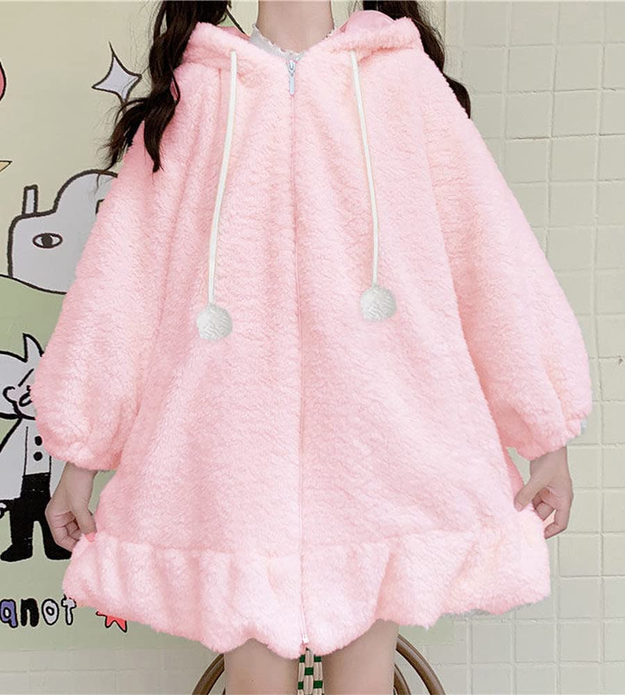 BZB Kawaii Anime Bunny Ear Hoodies For Women Sweet Lovely Fuzzy Fluffy Rabbit Sweater Tops Cosplay Jacket Coats: XX-Large Pink