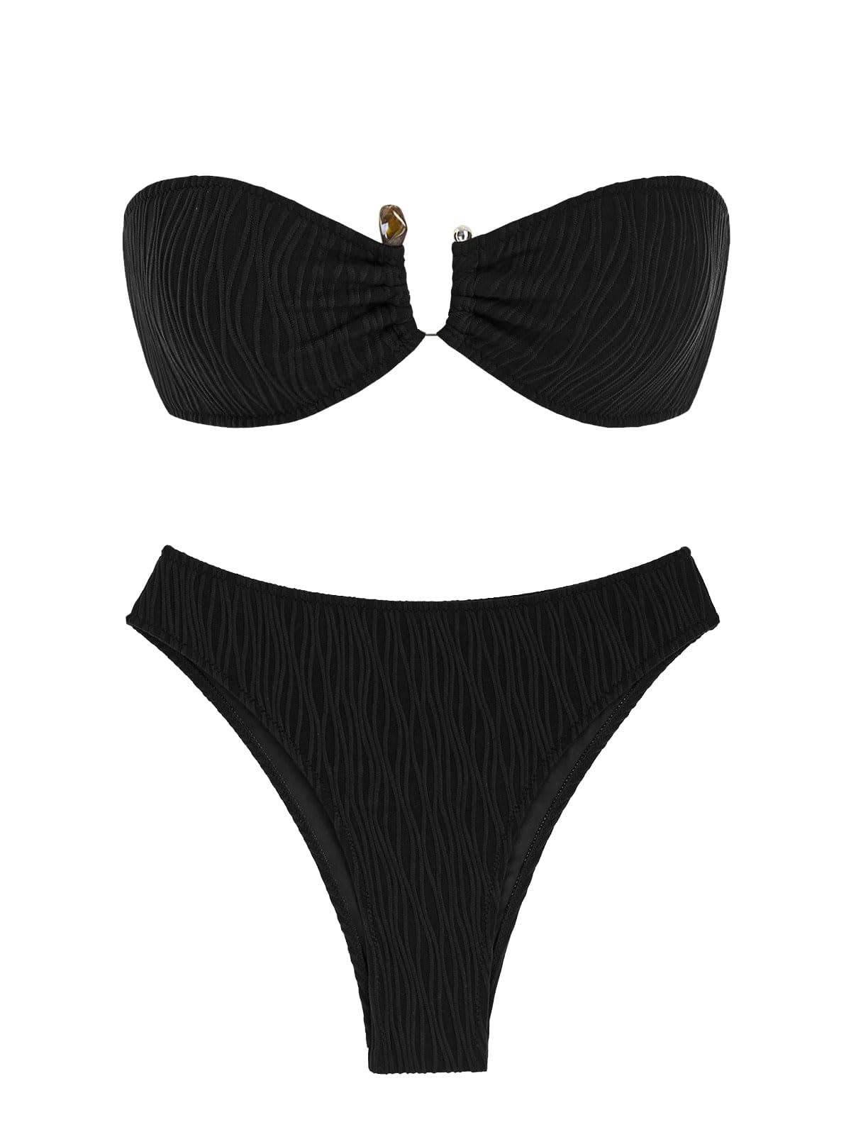 ZAFUL Women's Strapless Ribbed V Wired Lace Up Ruffle Tie High Cut Bandeau Swimsuits Bikini Set - Image 1