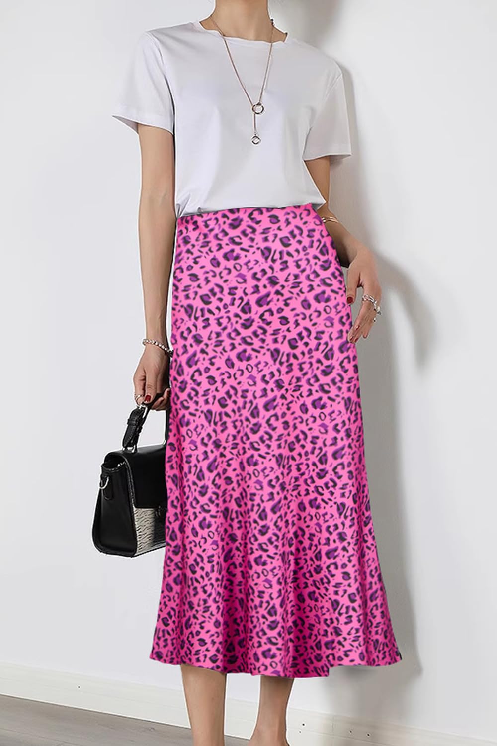 Keasmto Leopard Skirt for Women Midi Length High Waist Silk Satin Elasticized Cheetah Casual Ladies Skirts thumbnail 4