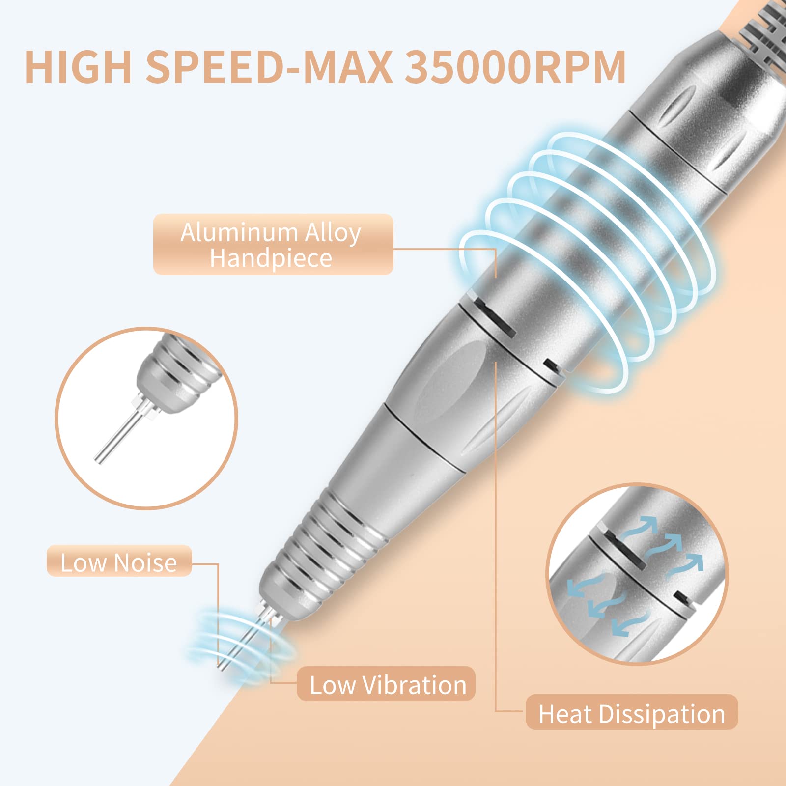 Portable Nail Drill Professional 35000 RPM, MOCOWIND Rechargeable Electric Nail File Machine E File for Acrylic Gel Polishing Removing, Cordless E-File with Bits Kit for Manicure Salon Home,: Black
