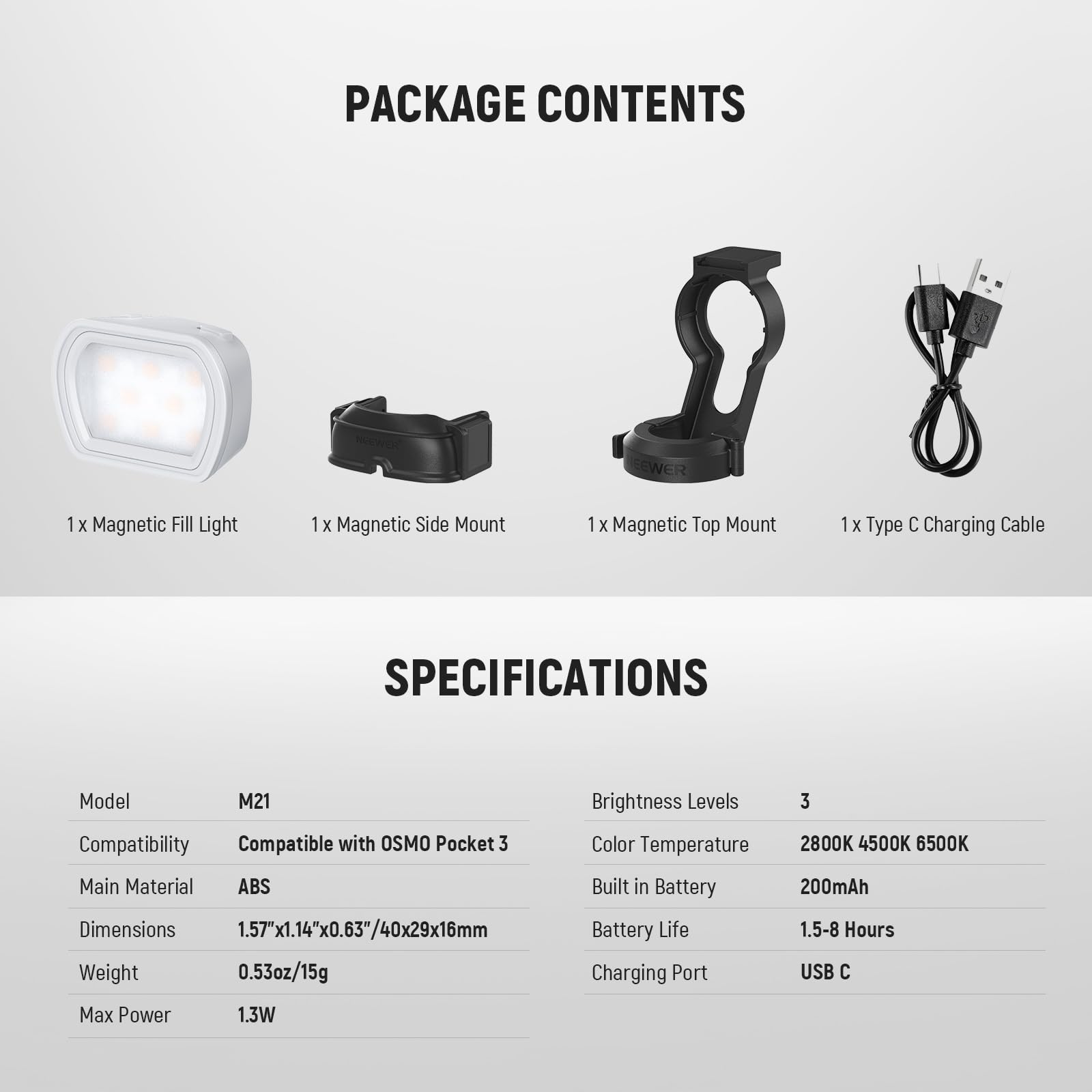 NEEWER Basics Magnetic Auxiliary Light Compatible with DJI OSMO Pocket 3 Gimbal Cam Creator Combo, 1.3W USB C Rechargeable Plastic Mini LED Fill Light Attachment for Selfie Vlog Video Recording, M21: 1-Pack