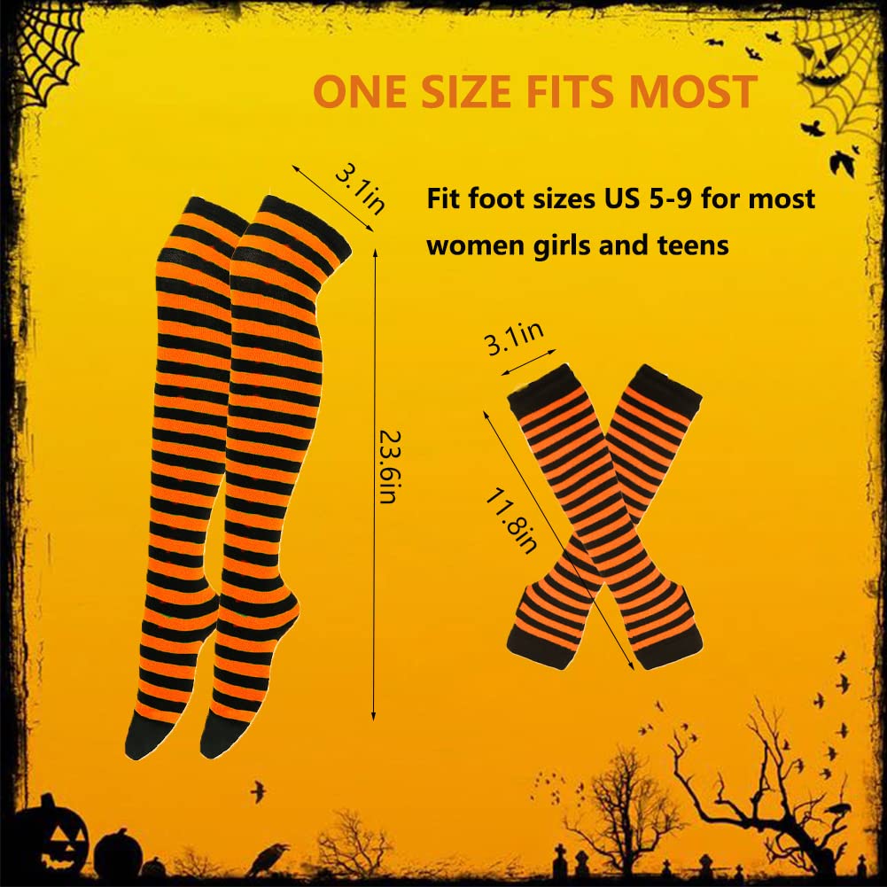 Barrlves 2/4 Sets Womens Striped Knee High Socks Long Knitted Arm Warmers Fingerless Gloves for Halloween Costume: 4sets Striped Black+orange+purple+green