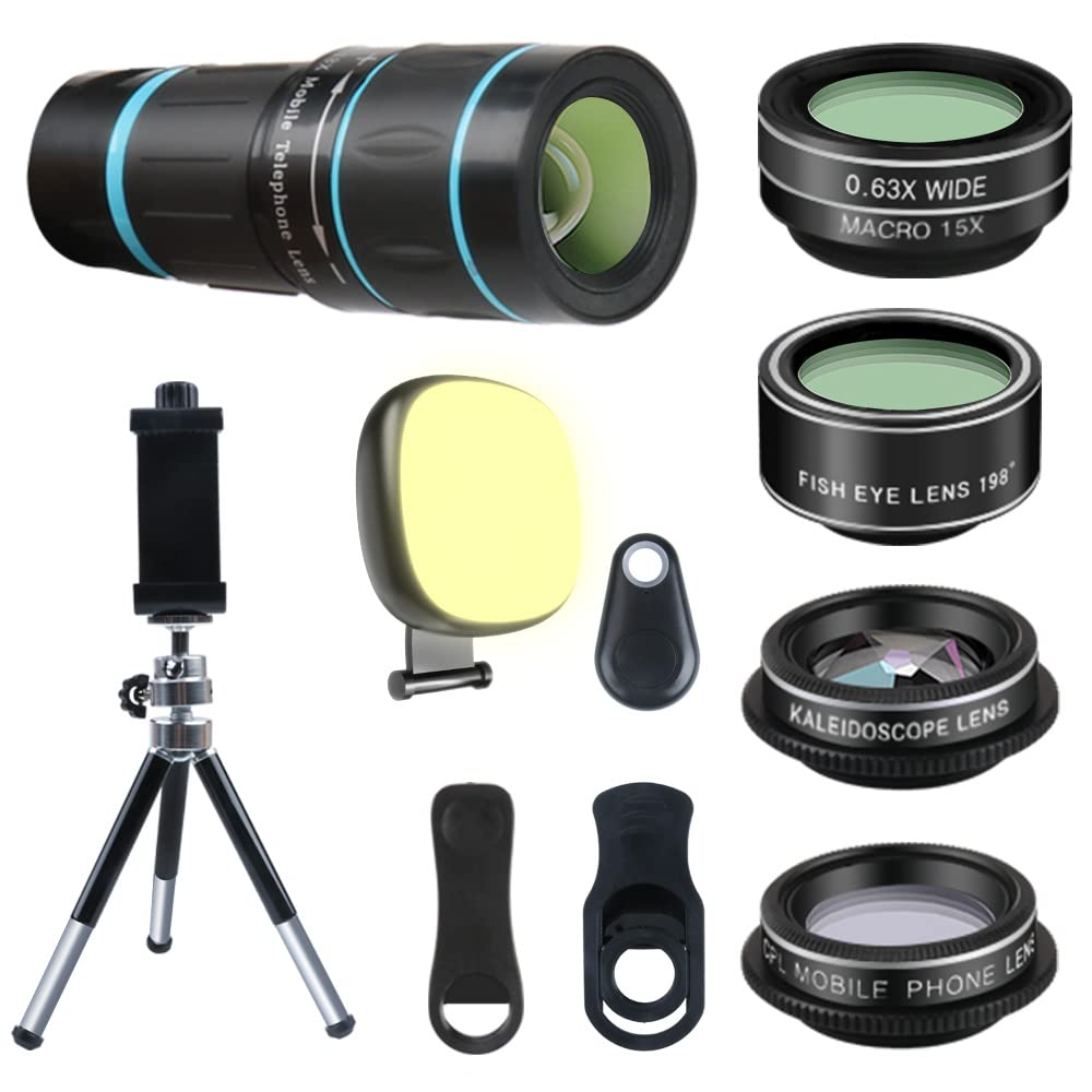 Godefa Cell Phone Camera Lens with Tripod+ Shutter Remote,6 in 1 18x Telephoto Zoom Lens/Wide Angle/Macro/Fisheye/Kaleidoscope/CPL, Clip-On lense Compatible for iPhone X 8 7 6s Plus, Samsung and More: Phone Camera Lens, 6 lenses+ LED Light+ Remote Shutter+ Tripod, 18X Telephoto Zoom/Wide angle/Macro/Fisheye/CPL/Kaleidoscope camera lens kit for iPhone Xs X XR 8 7 6 Plus Samsung and Android