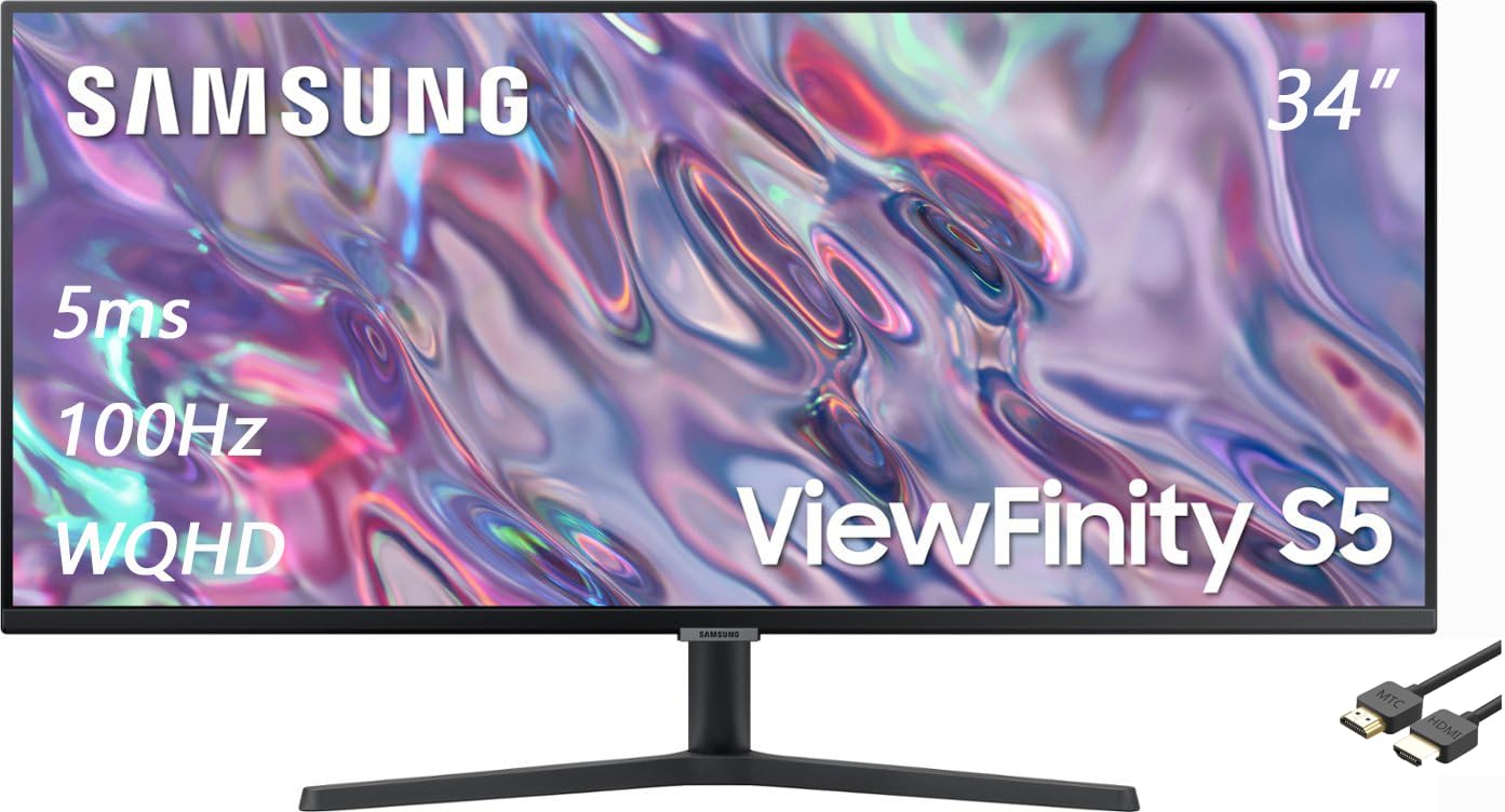 SAMSUNG 34" ViewFinity S50GC Series Ultra-WQHD Monitor, 100Hz, 5ms, Borderless Design, AMD FreeSync, Eye Care, Black, with MTC HDMI Cable