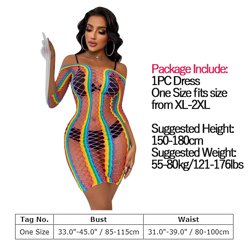 ABAFIP Women Colorful Rainbow Striped Fishnet Bodysuit Teddy Babydoll Mini Dress Festival Rave Dance Bikini Beach Coverups