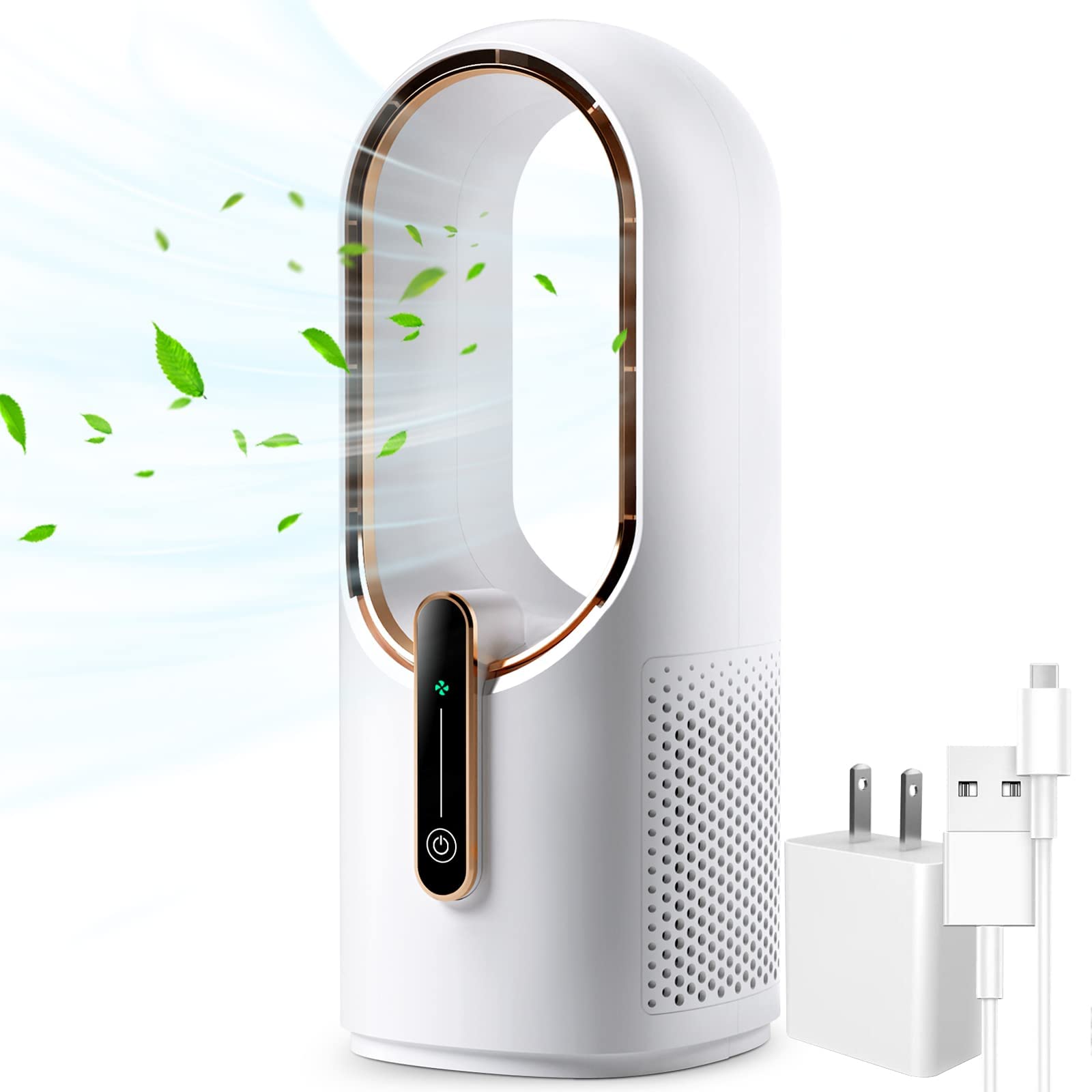 KONSIDEN Desk Fan Bladeless, 11.8 Inch Office Fan Small, Quiet, 3 Speed Adjustment, Touch Control, Easy to Clean, Desk Fans Small Quiet, Ideal for Office, Living Room, Bedroom: White/Gold