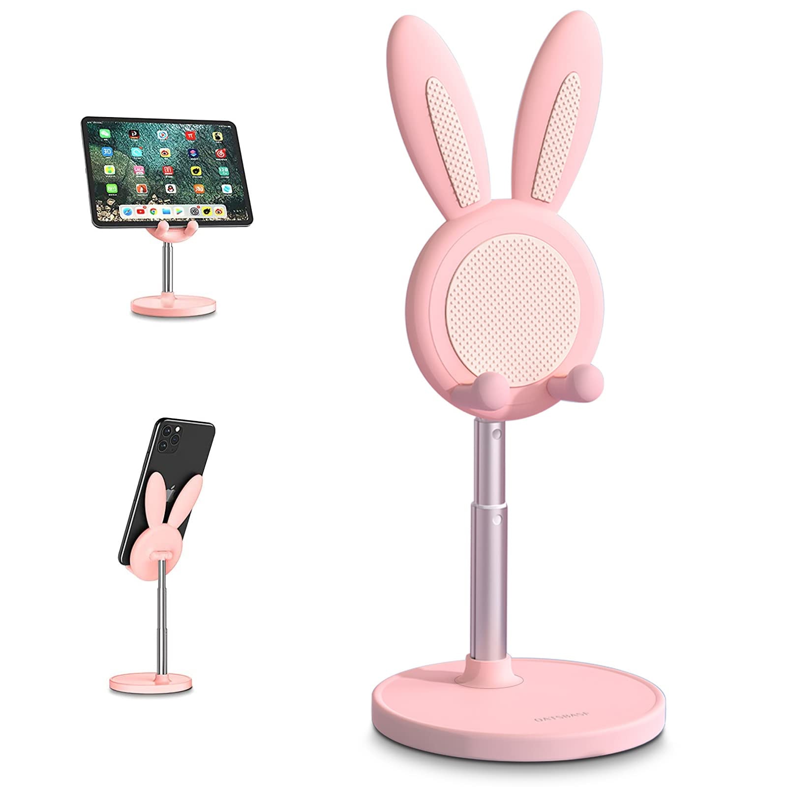 nediea Cell Phone Stand,Angle Height Adjustable Bunny Phone Stand for Desk,Cute Rabbit Phone Holder Stand for Desk, Compatible with All Mobile Phones, Tablets(4-10in) (): Pink